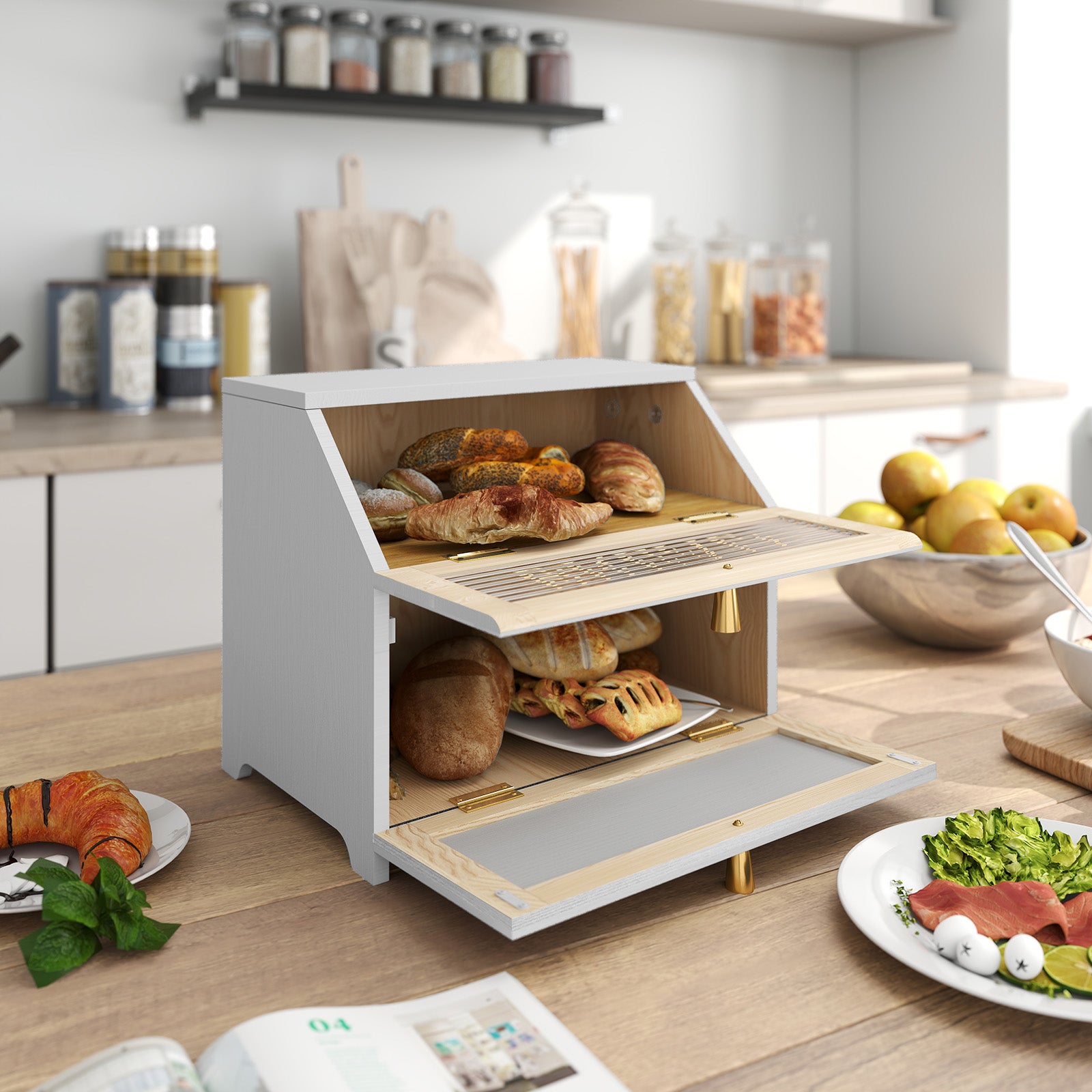 CBJCBJ 15.1" Gold-Trimmed Wooden Bread Box, 2-Tier Countertop Organizer, Retro Farmhouse Pantry Decor , White