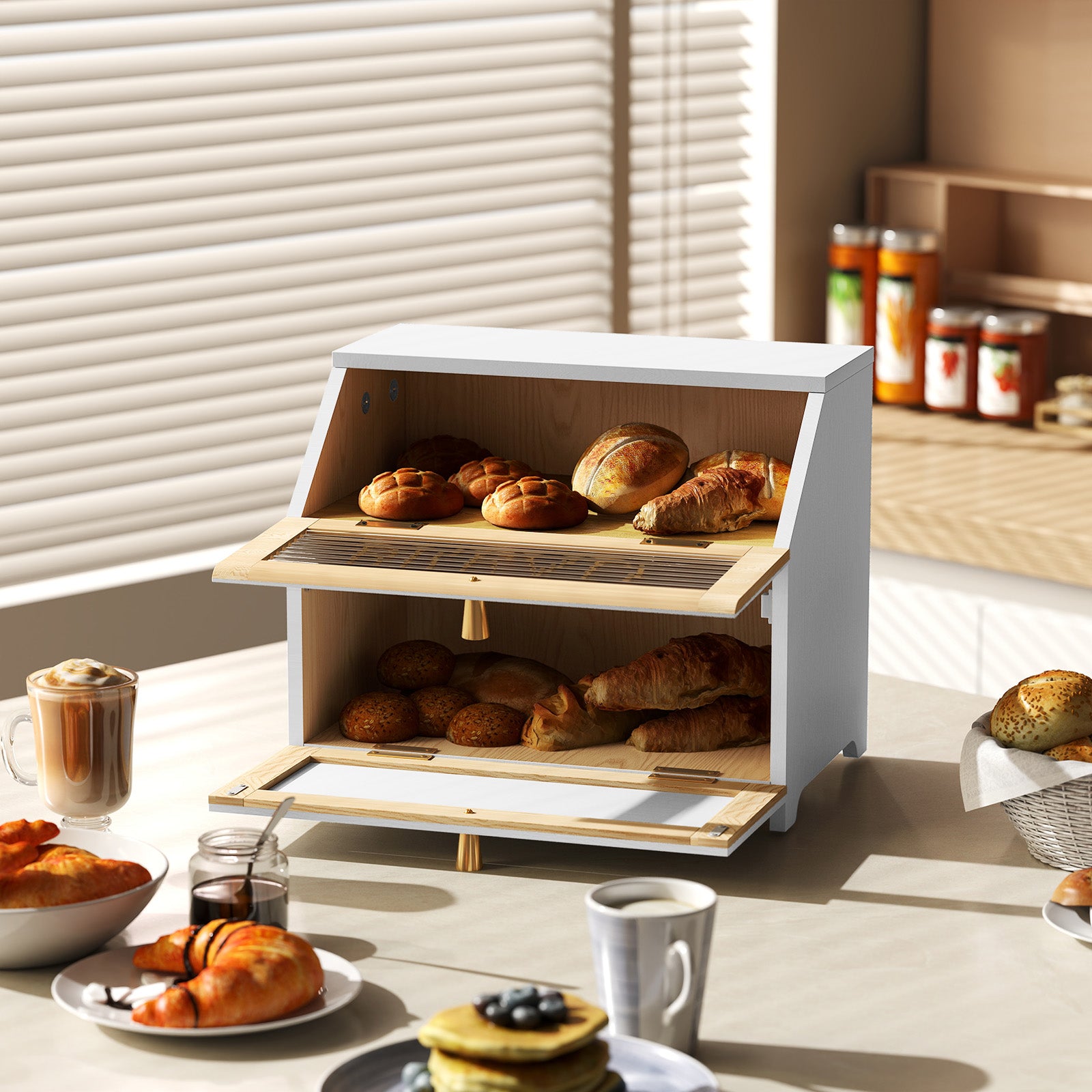 CBJCBJ 15.1" Gold-Trimmed Wooden Bread Box, Double Layer Kitchen Counter Organizer, Vintage Farmhouse Storage