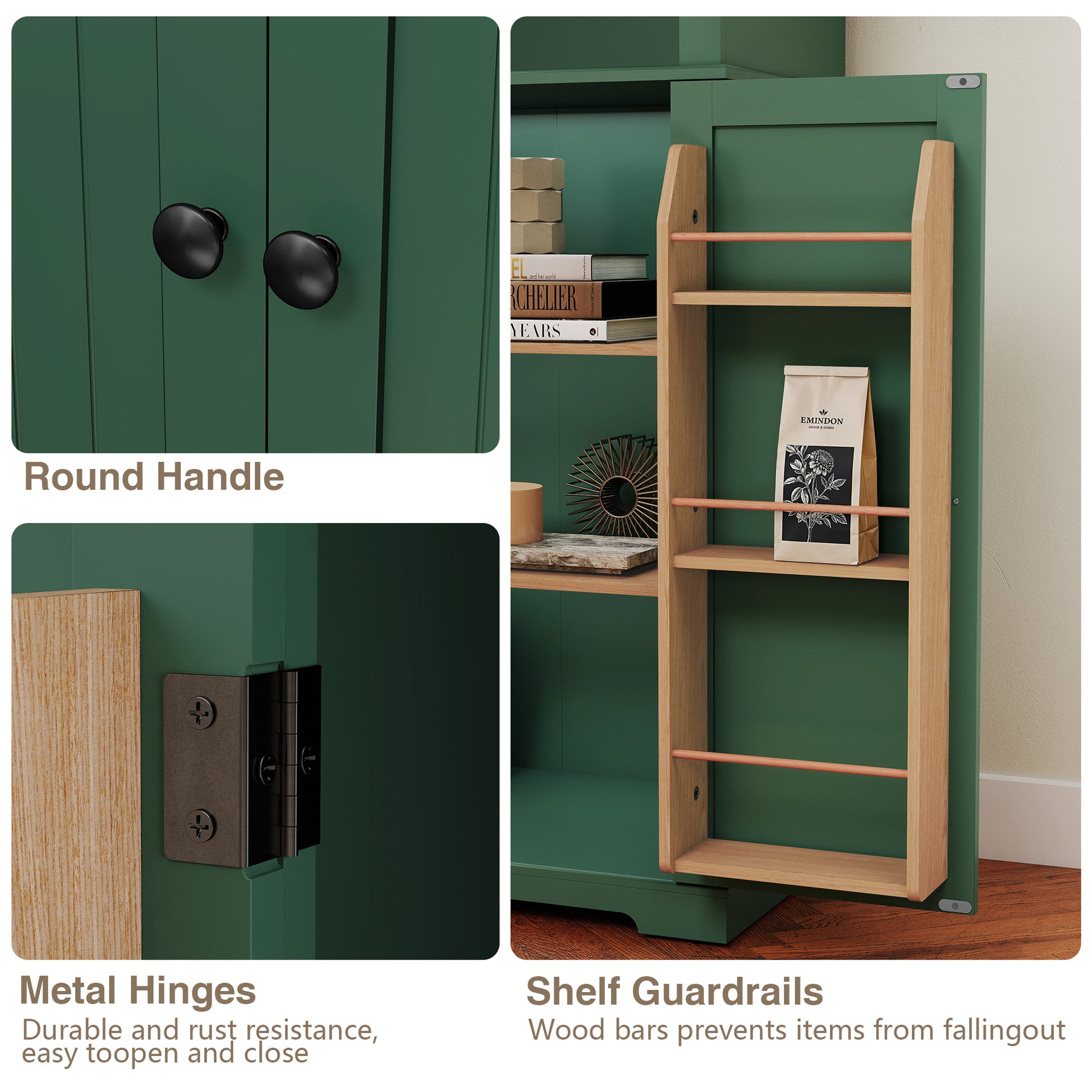 HLR 72" Kitchen Pantry Cabinet, Freestanding Pantry Storage Cabinet with Hutch & Shelves, Green