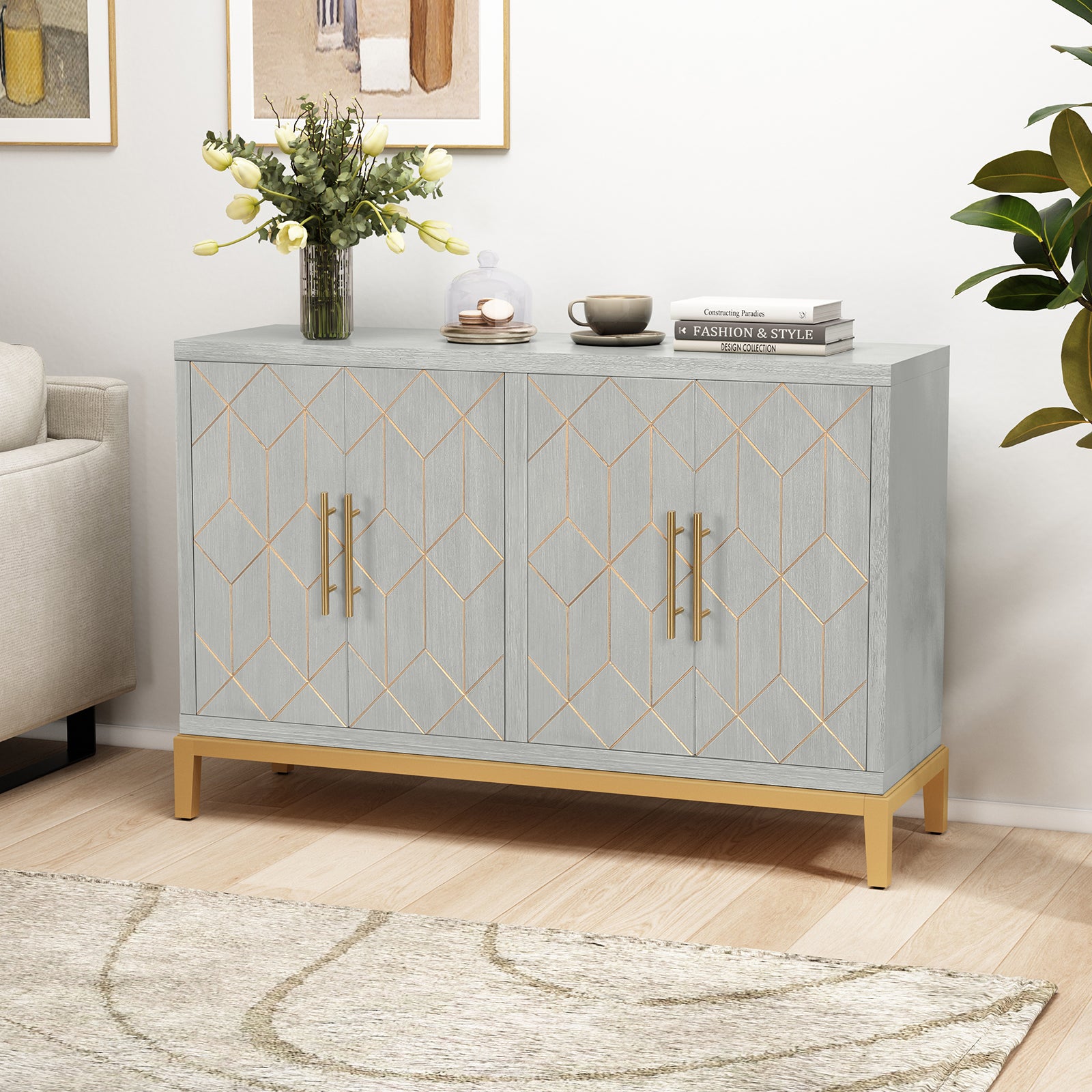 HLR 48" Modern Wood Credenzas & Sideboards with Gold Trim, Storage Cabinet with 4 Doors, Green