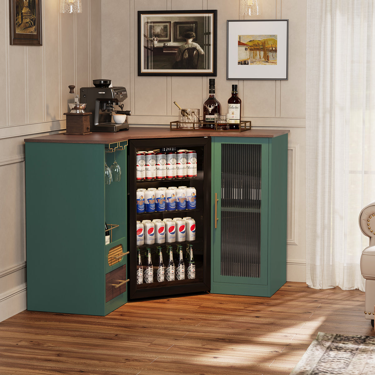 HLR Modern Corner Bar Cabinets with Mini Fridge Space, Wine Glass Rack, Storage Drawers, Green