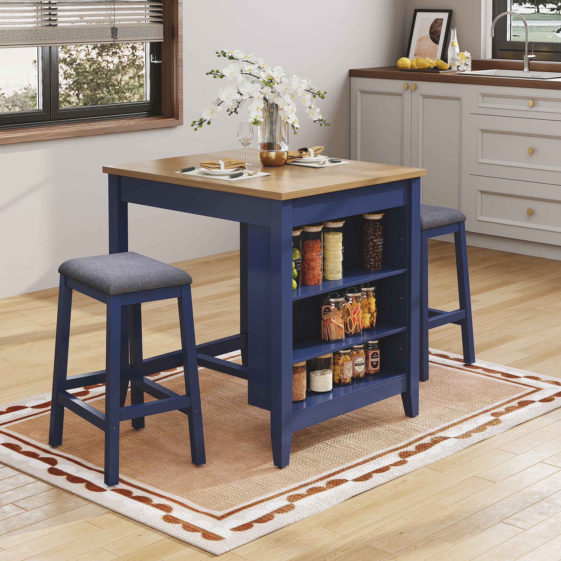 HLR Farmhouse Dining Table Set for 2, Small Kitchen Table Chairs Set of 2 with Tufted for Apartment, Blue