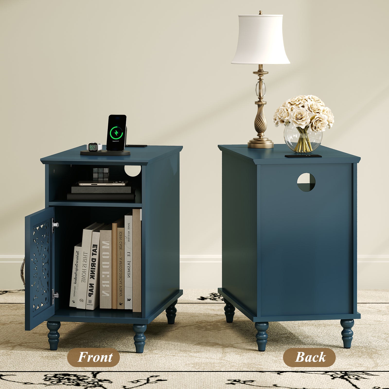 CBJCBJ Retro Carved End Table with Socket, Side Table with Open Compartment and Storage Cabinet, Bedside Table for Bedroom,Blue
