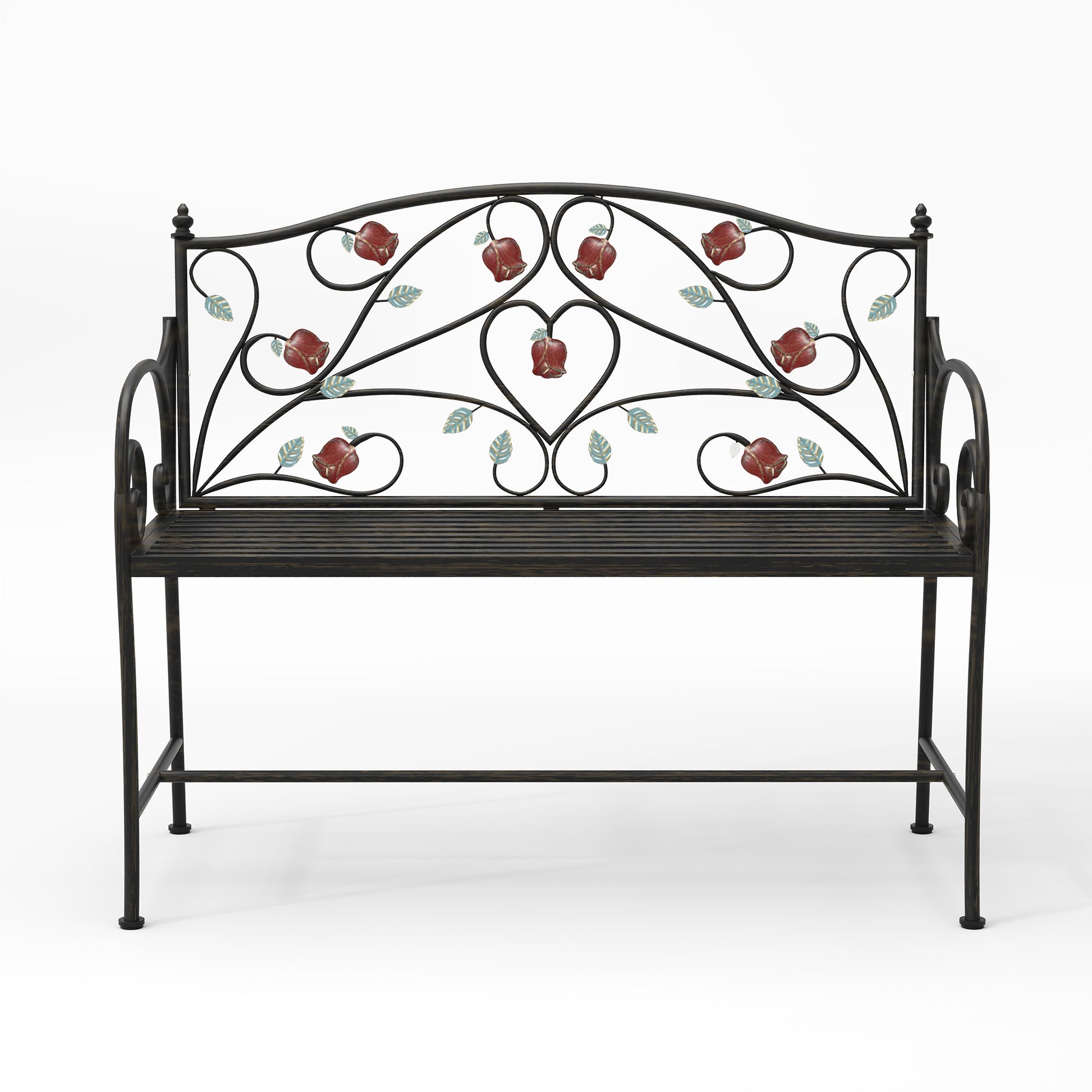 HLR Farmhouse Outdoor Bench with Rose Pattern, 41.7'' Metal Frame Patio Garden Chair Cast Iron, Black