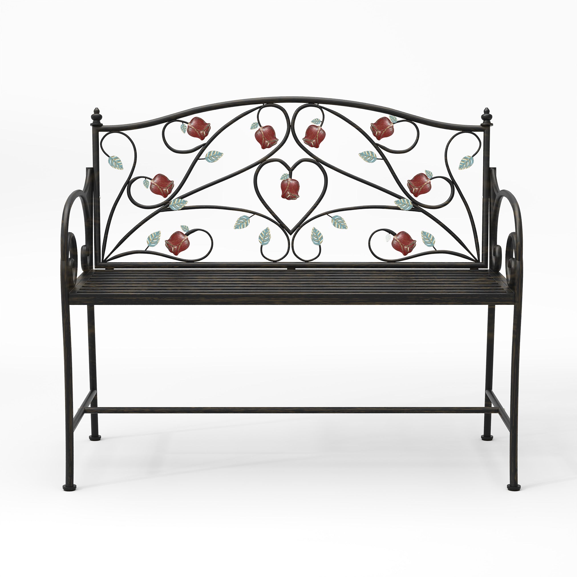 HLR Farmhouse Outdoor Bench with Rose Pattern, 41.7'' Metal Frame Patio Garden Chair Cast Iron, Black