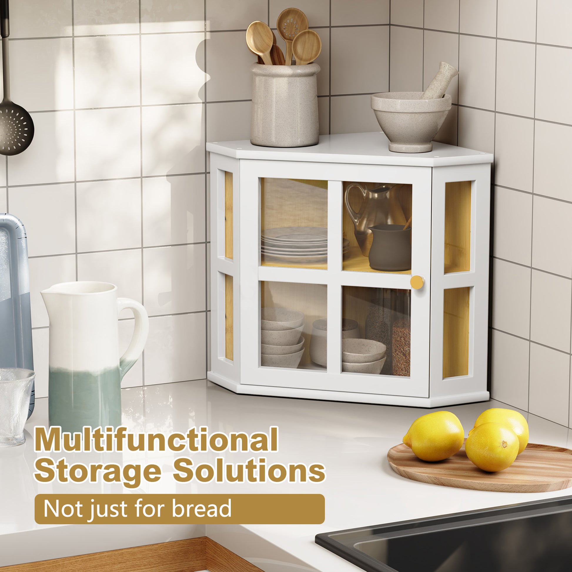 CBJCBJ Bamboo Bread Box, 2-Tier Countertop Storage Rack, Modern Retro Pantry Decor,White