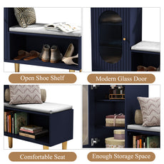 CBJCBJ Modern Storage Bench with Glass Door & Shelf - L-Shaped Entryway Cabinet, Padded Seat for Hallway/Bedroom/Office, Blue