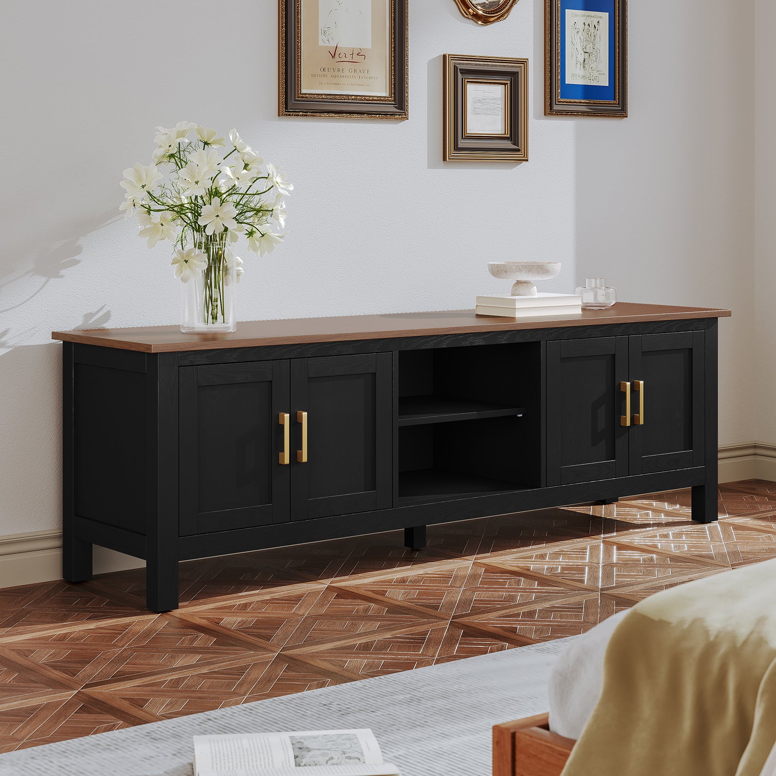 HLR Farmhouse 63" TV Stand, for TVs up to 70", Living Room Wooden Entertainment Center with Storage, Black
