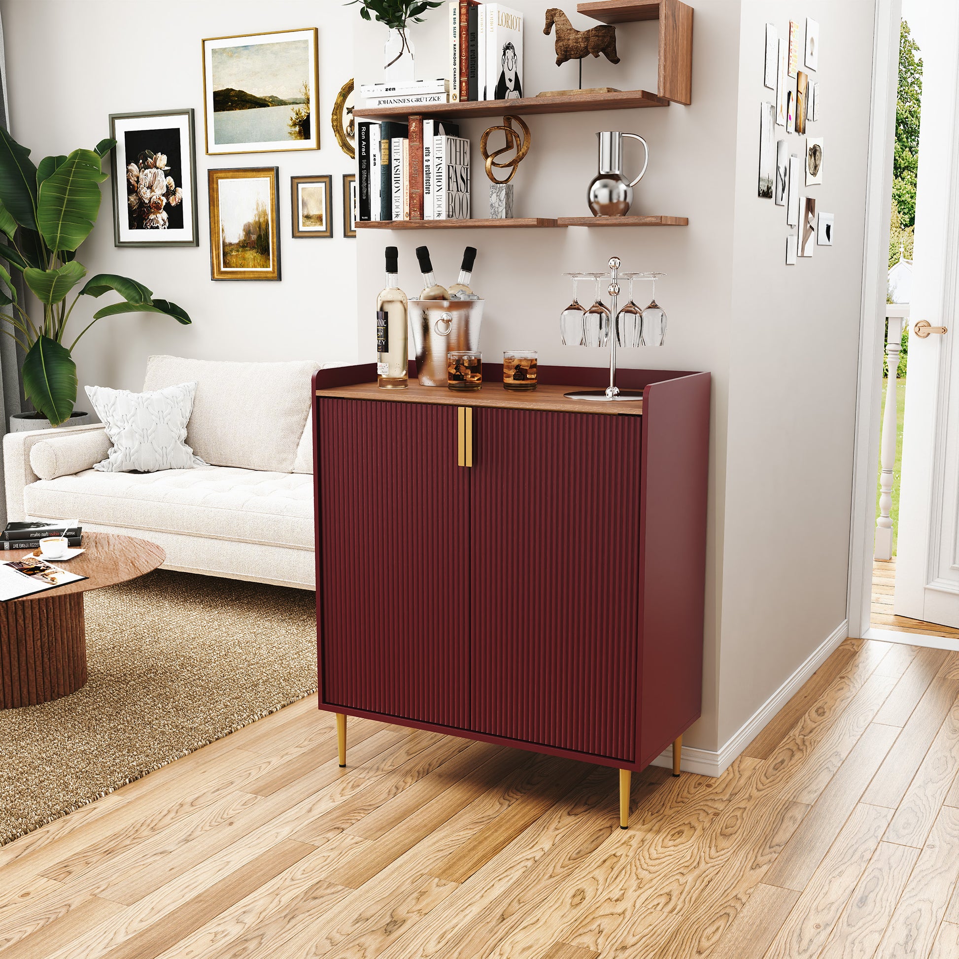 CBJCBJ Modern Wine Cabinet, Home Bar Cabinet with Storage Drawers and Wine Rack, Kitchen Sideboard,Red