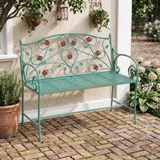 HLR Farmhouse Outdoor Bench with Rose Pattern, 41.7'' Metal Frame Patio Garden Chair Cast Iron, Light Blue