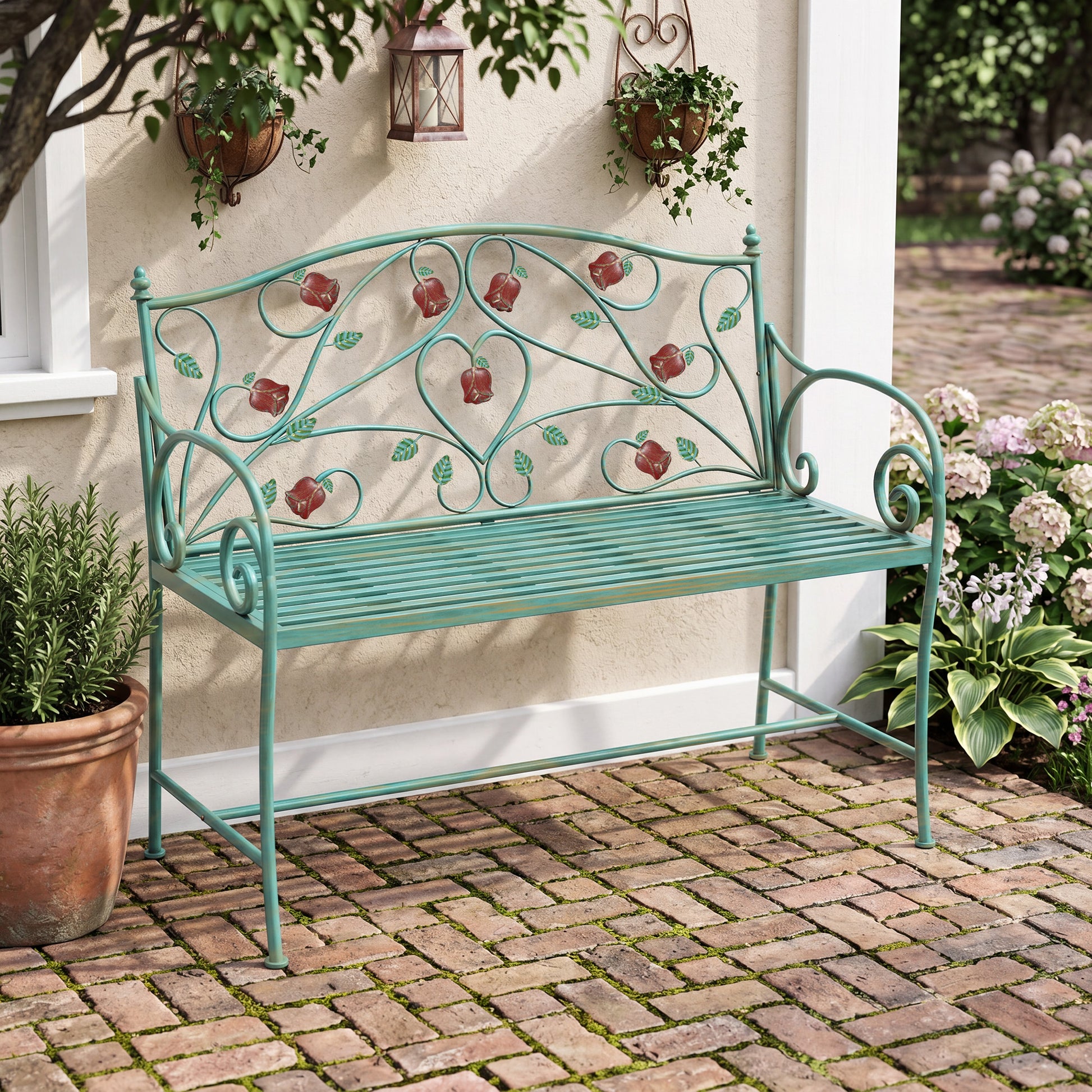 HLR Farmhouse Outdoor Bench with Rose Pattern, 41.7'' Metal Frame Patio Garden Chair Cast Iron, Light Blue