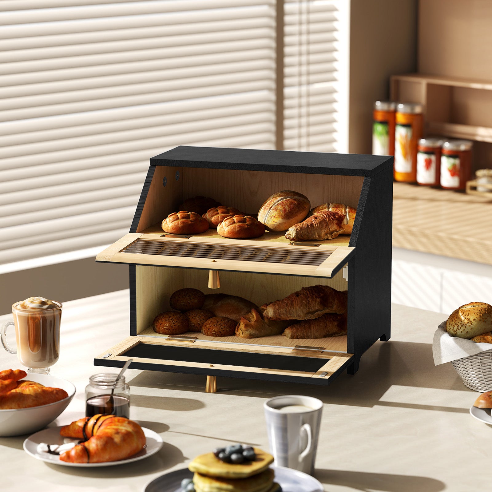 CBJCBJ 15.1" Gold-Trimmed Wooden Bread Box, Double Layer Kitchen Counter Organizer, Vintage Farmhouse Storage