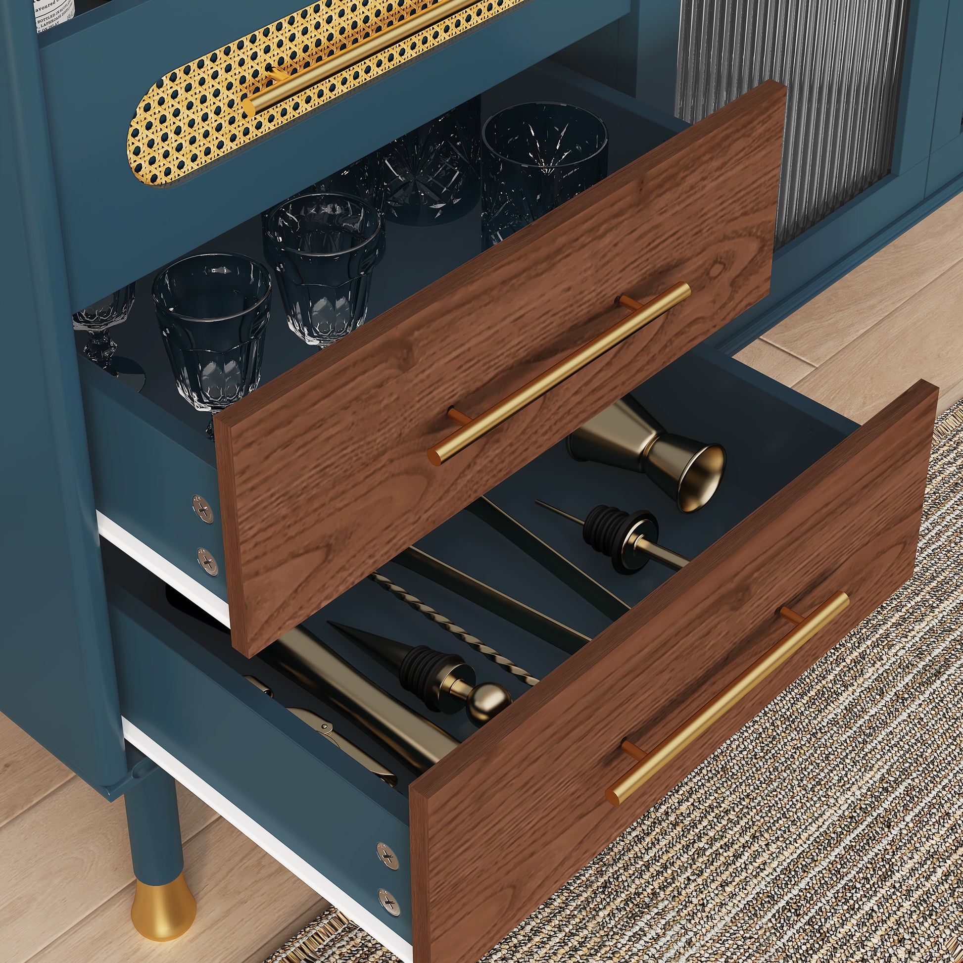 HLR 47.2" Coffee Wine Bar Cabinet with 2 Glass Doors, Modern Buffet Sideboard Table for Dining Room, Blue