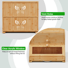 CBJCBJ Natural Bamboo Bread Box with Cutting Board and Roll Top, 2-Tier Large Wood Bread Bin for Kitchen,Wood