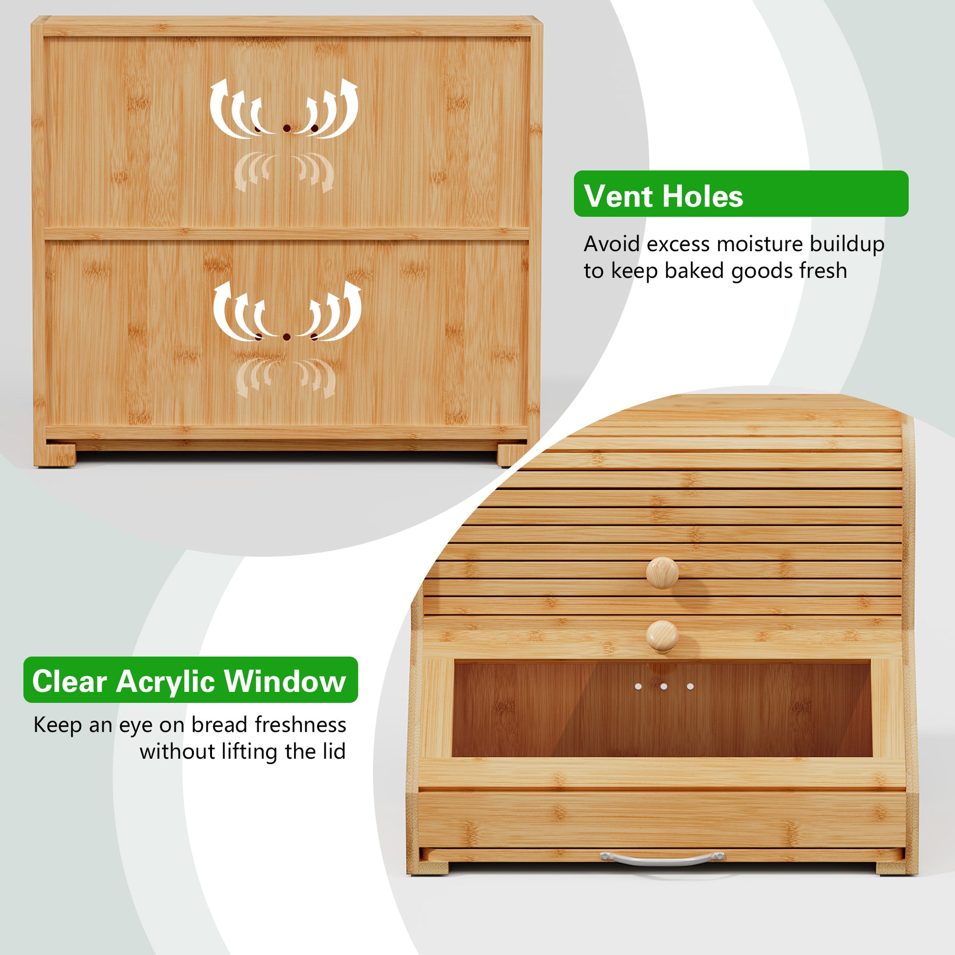 CBJCBJ Natural Bamboo Bread Box with Cutting Board and Roll Top, 2-Tier Large Wood Bread Bin for Kitchen,Wood