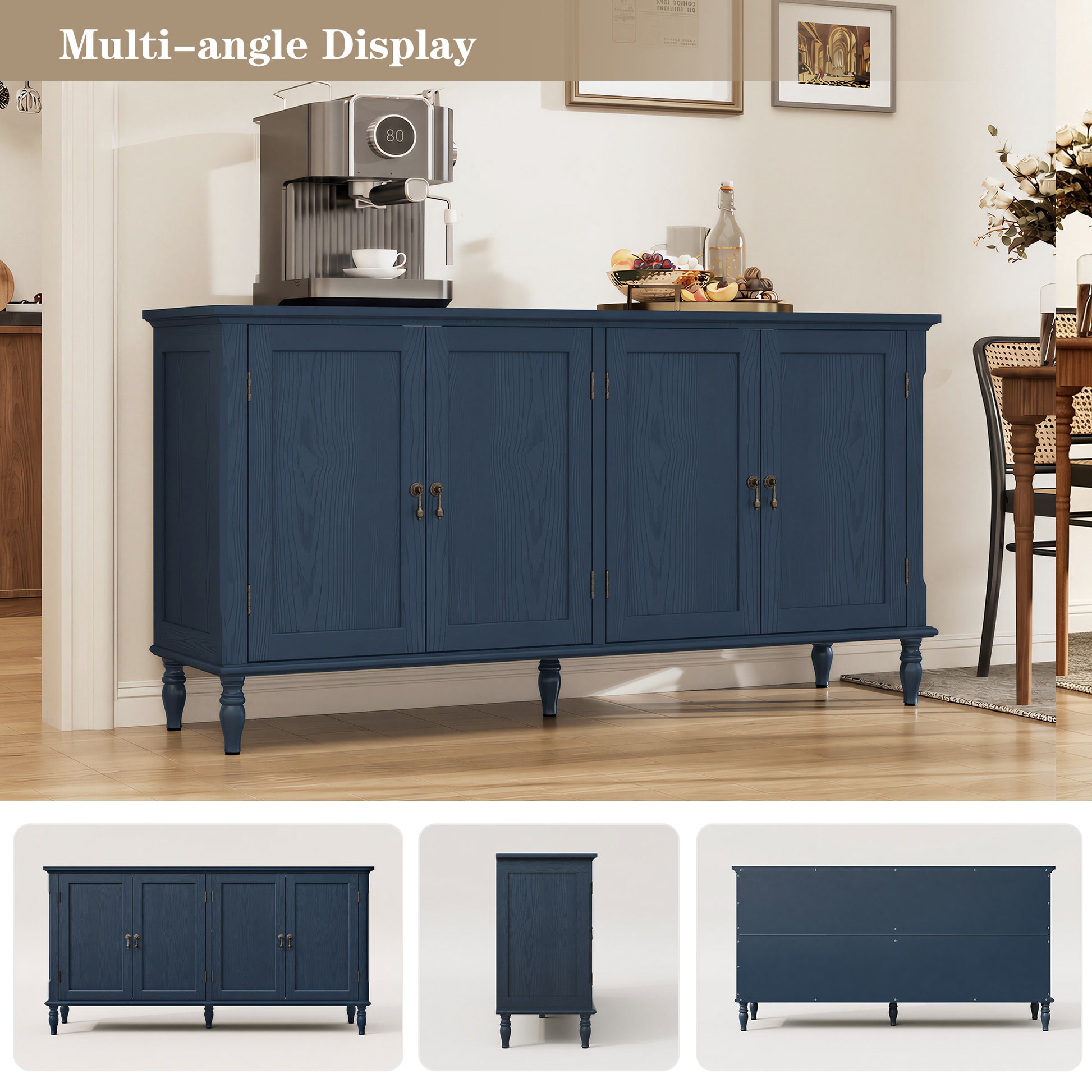 HLR 58'' Large Sideboard Buffet Cabinet with Storage, 4 Doors Modern Credenza Table for Living Room, Navy Blue