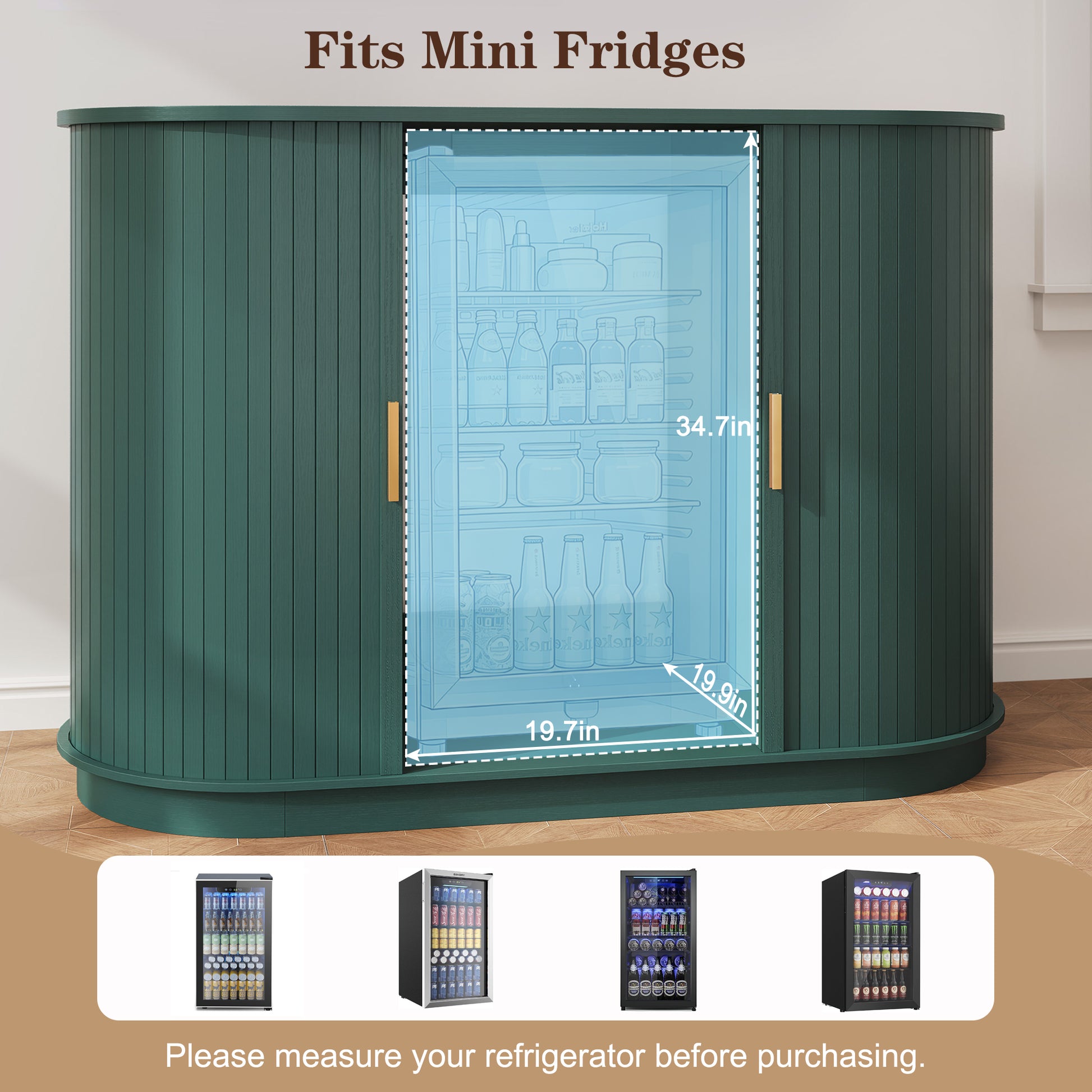 HLR Mid Century Coffee Bar Cabinet, Wine Cabinet Mini Fridge Space, Green