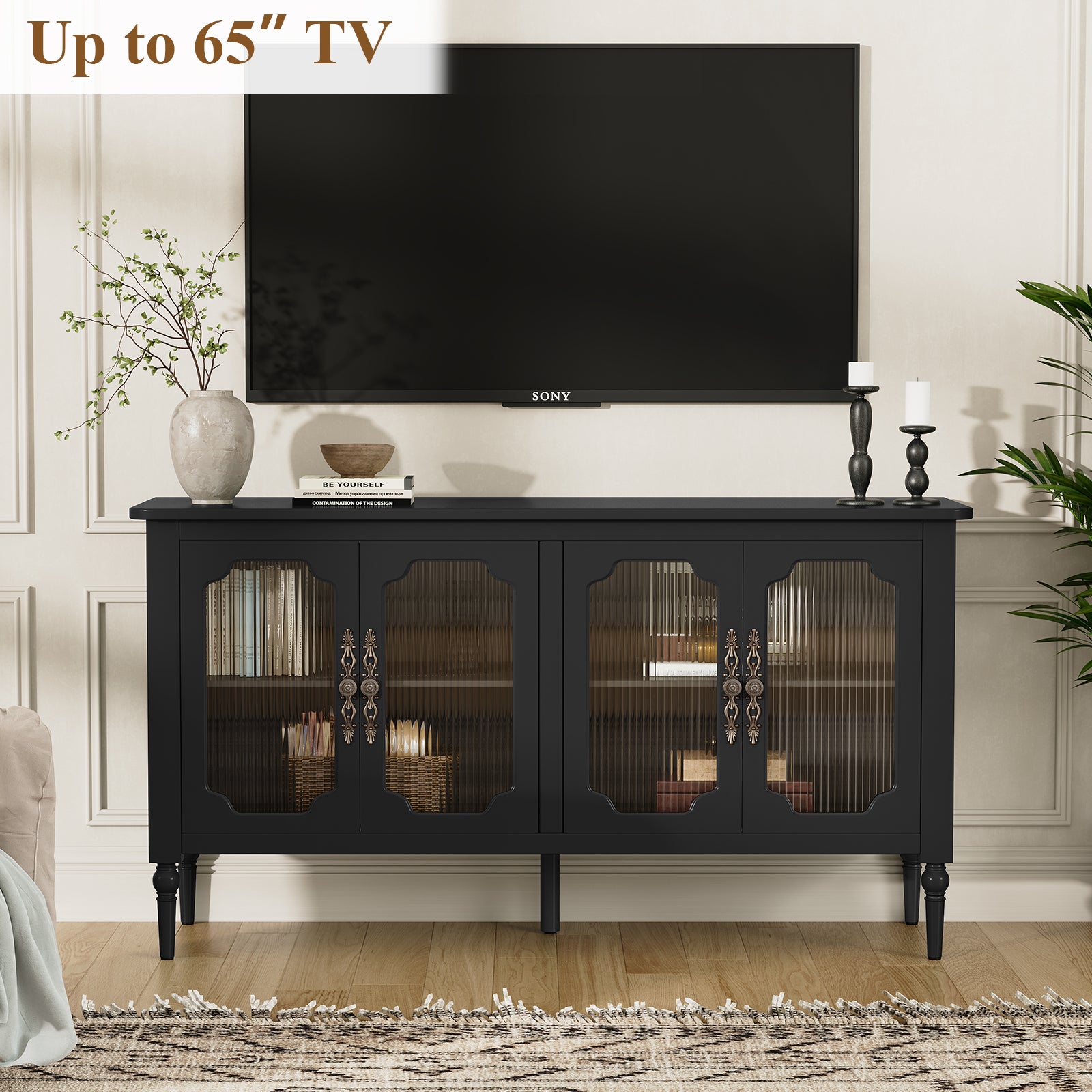 HLR 58'' Large Sideboard Buffet Cabinet with Storage, 4 Glass Modern Credenza Table for Kitchen, Black