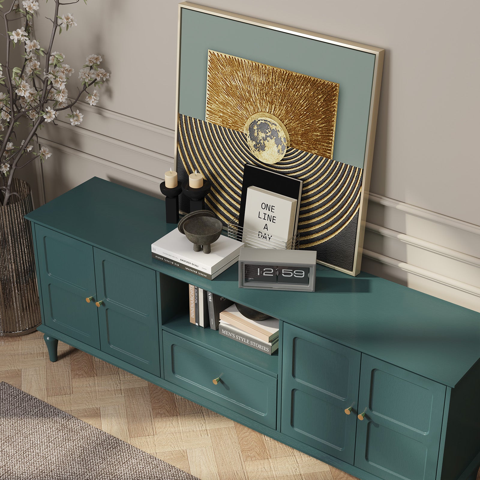 CBJCBJ 67"Mid-Century Modern TV Stand with Storage and Adjustable Partition , Media Console for TVs up to 75", Green