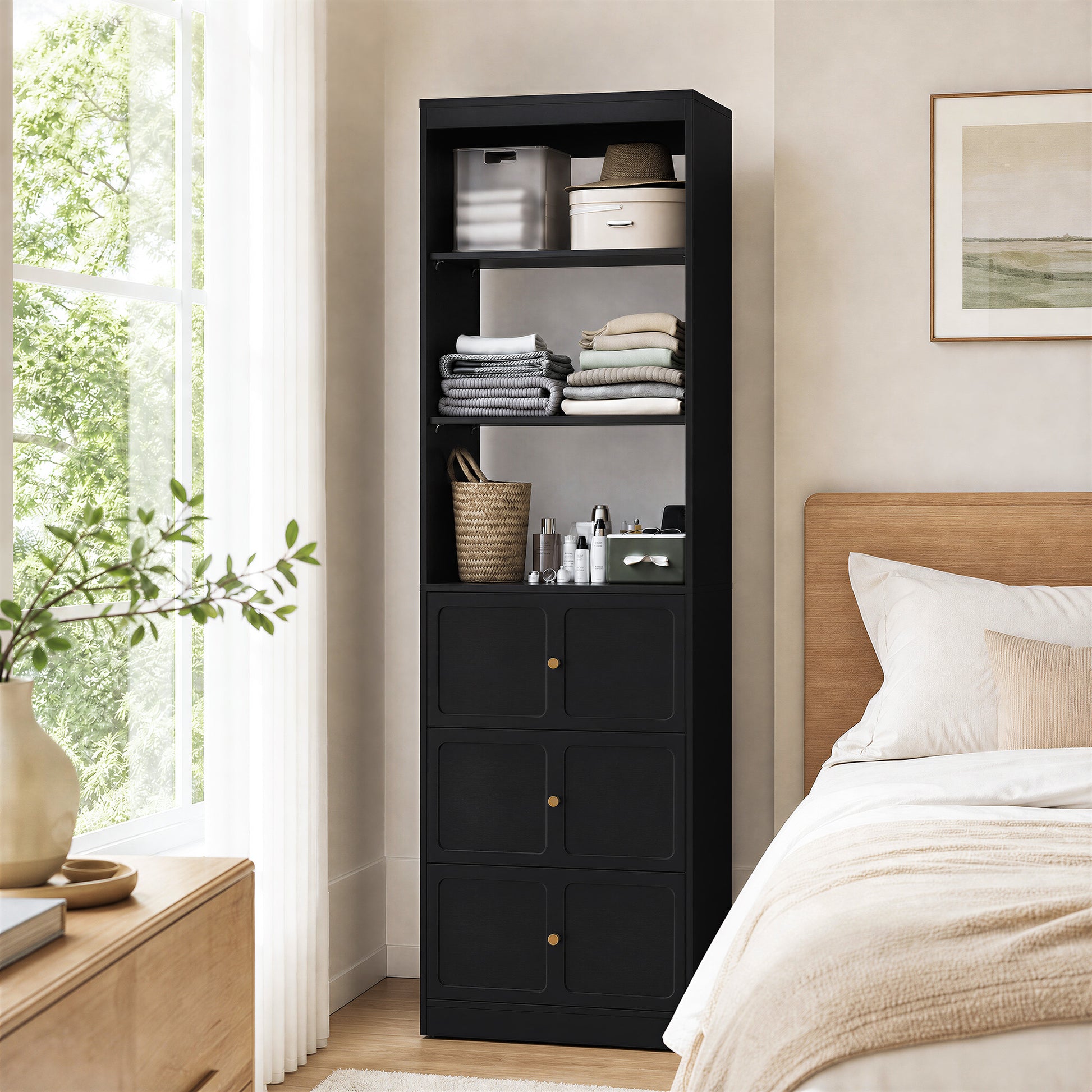 HLR Open Wardrobe Closet System with Adjustable Hanging Rods, Storage Cabinet with Drawers and Shelves, Black