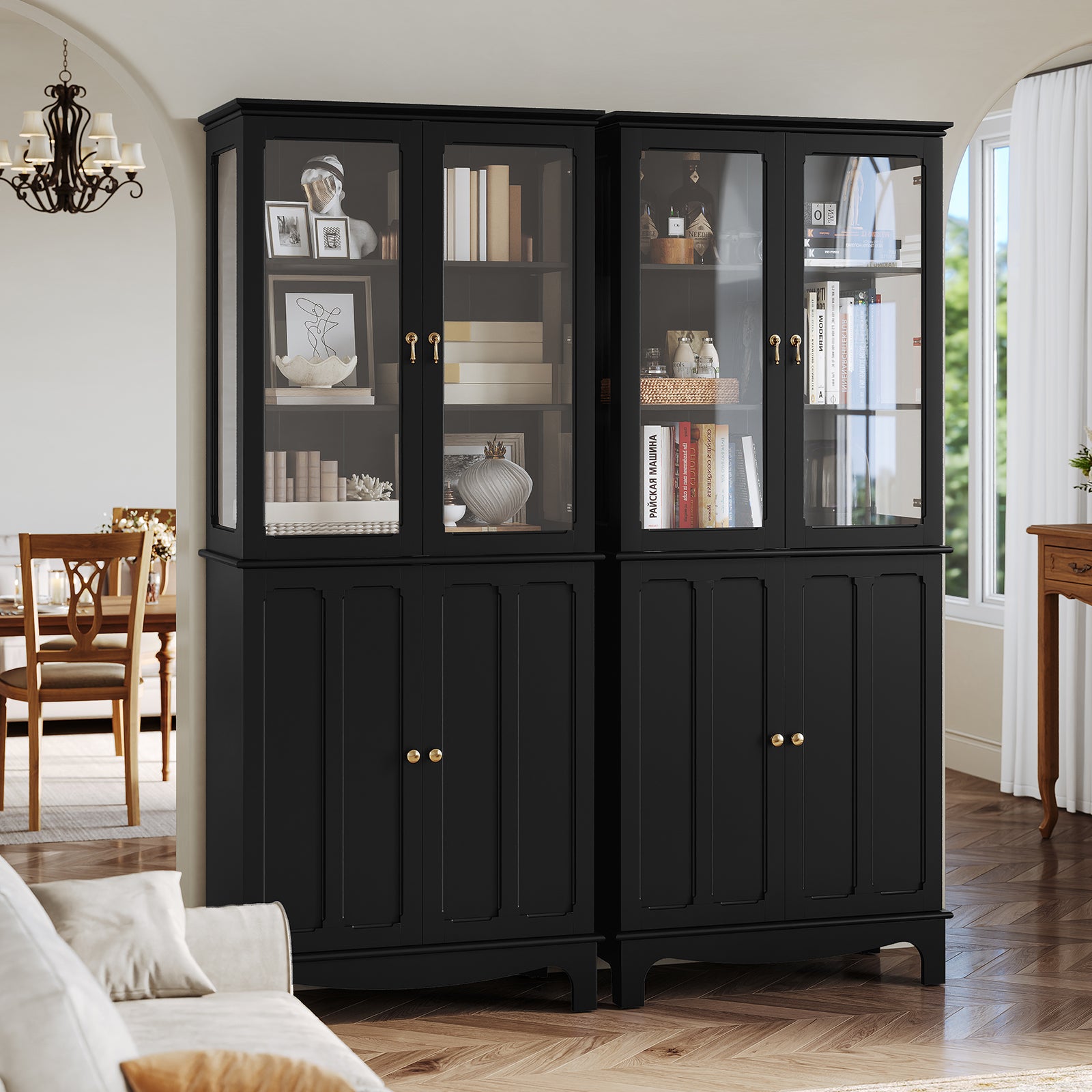 CBJCBJ Modern Bookcase with Storage, Display Cabinet with Glass Doors, Storage Cabinet with Adjustable Shelves,Black