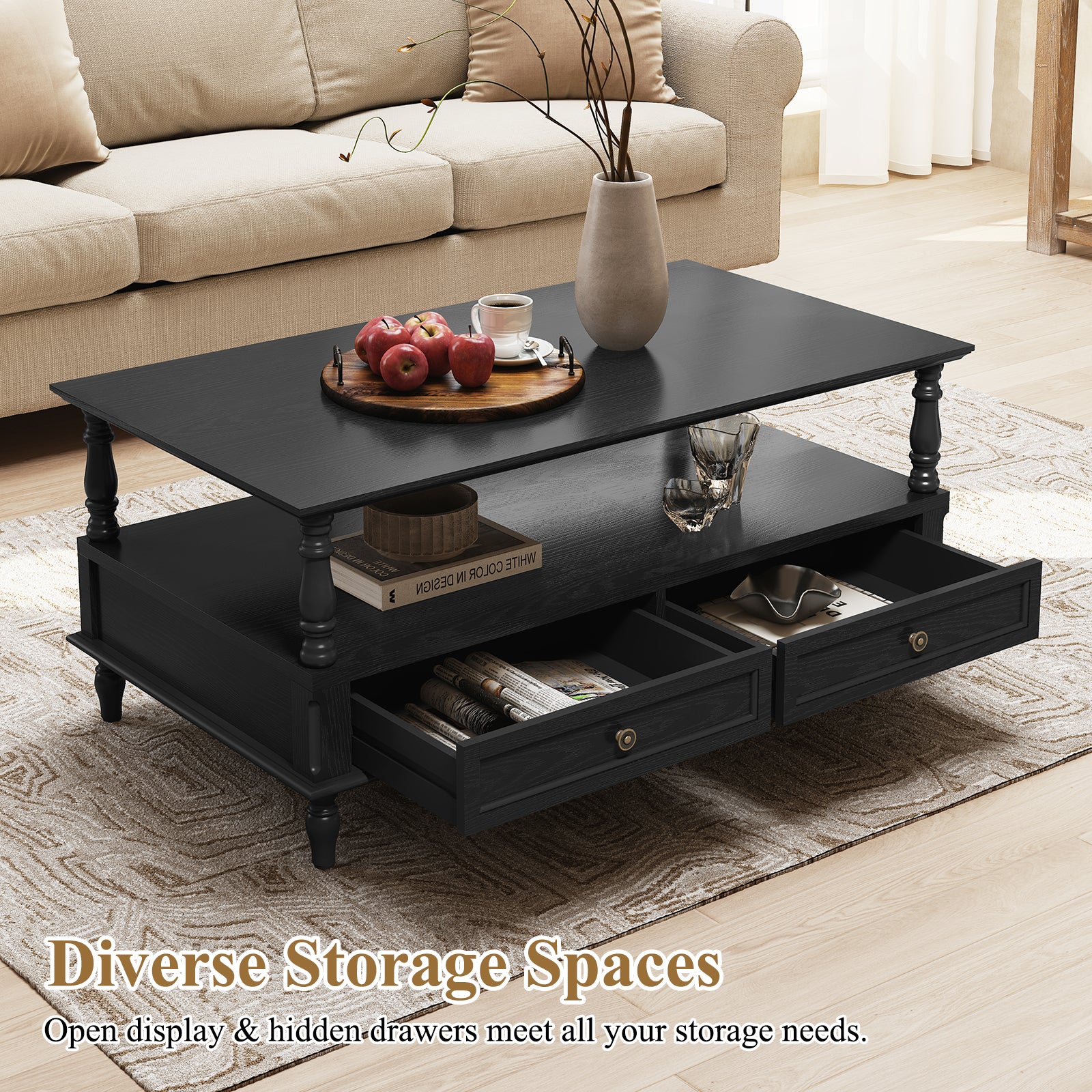 HLR 41" Mid Century Modern Coffee Table with Drawer Storage, Assembled Wood Center Table for Living Room, Black