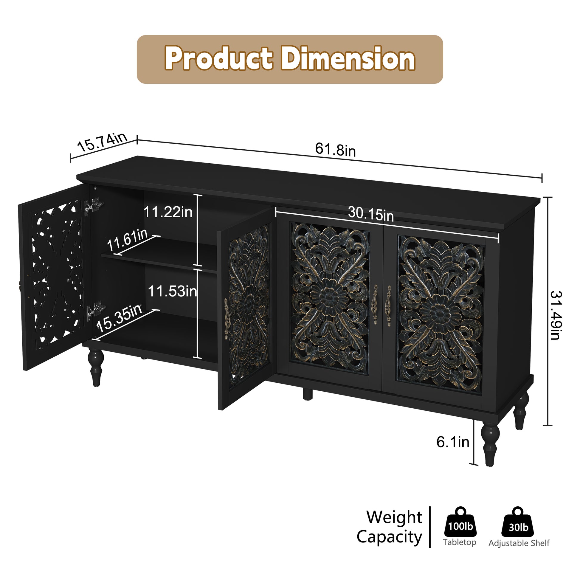 CBJCBJ Mid-Century Retro 62" Wood Openwork Carved 4 Door Sideboard Buffet Cabinet for Living Dining & Bedroom,Black
