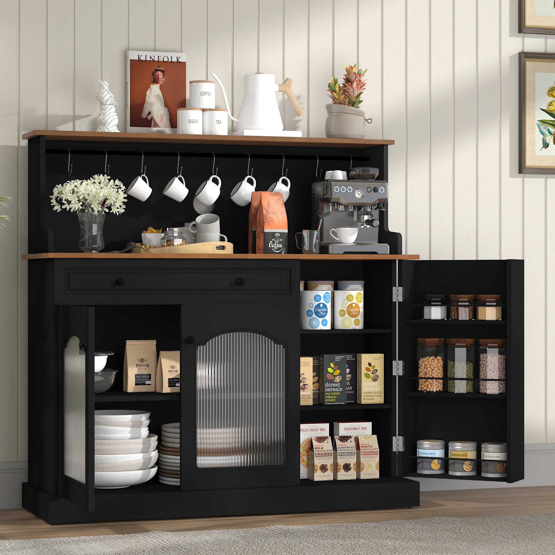 HLR 48" Modern Wood Kitchen Pantry Cabinet, Coffee Bar with Drawer & Microwave Stand, Dining Room, Black