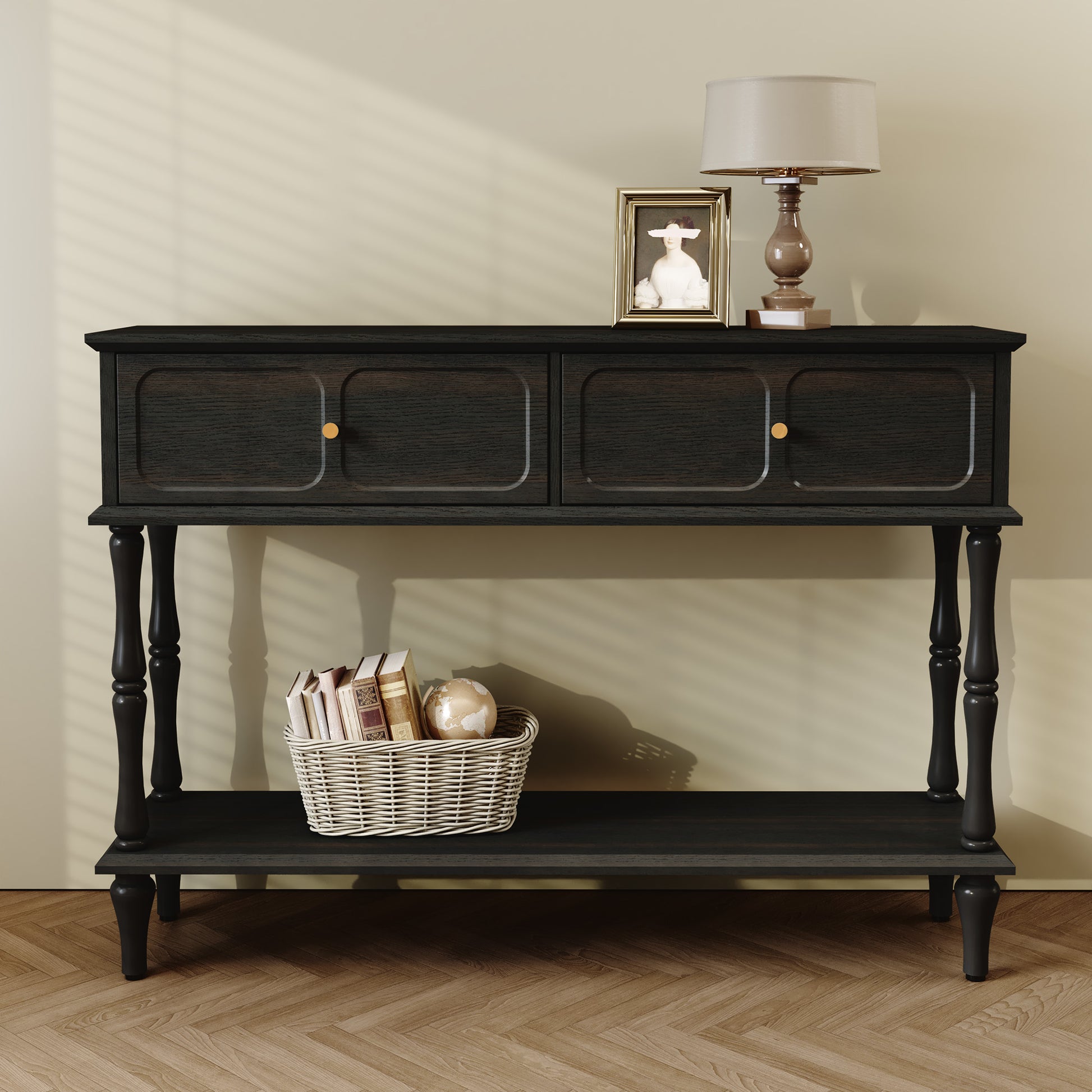 HLR 47" Mid Century Console Table, Aged Finish Entryway Table with Storage Shelf for Hallway, Black