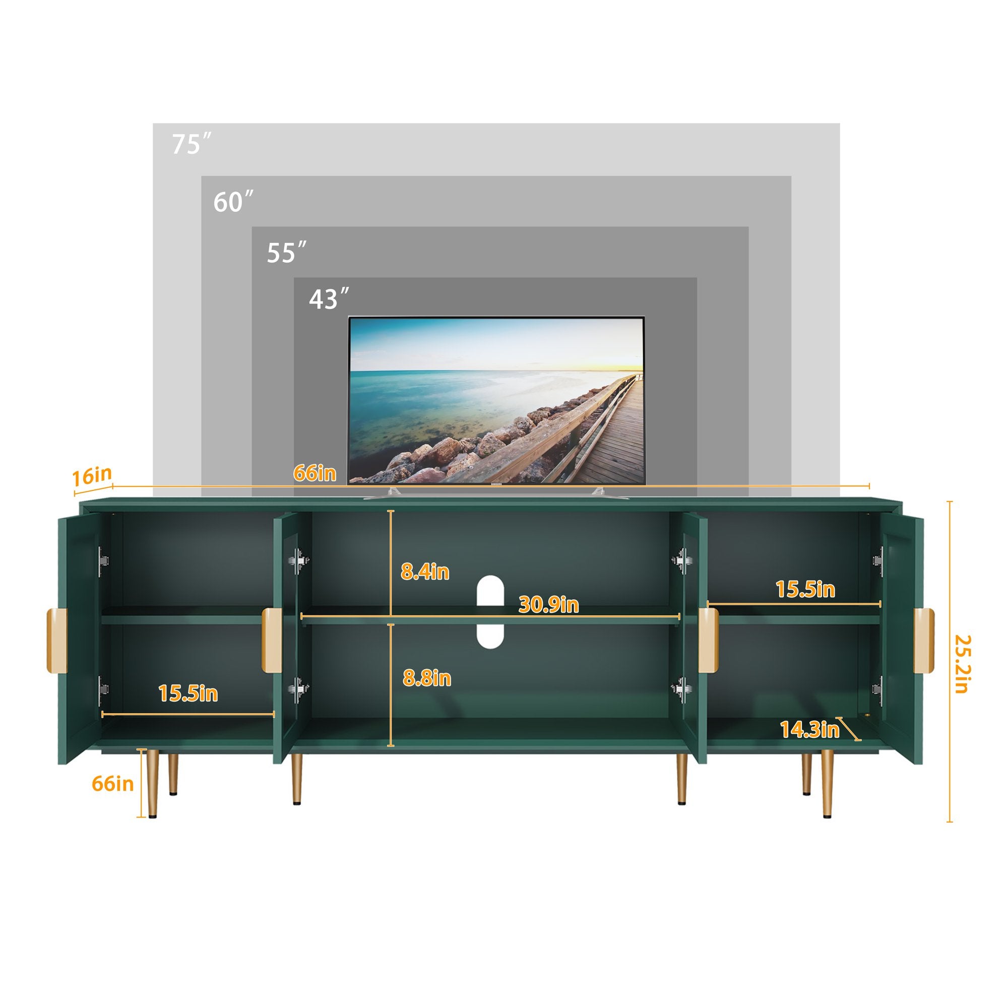 CBJCBJ 66" TV up to 75" Stand for Living Room, Entertainment Center with Glass Storage Cabinet
