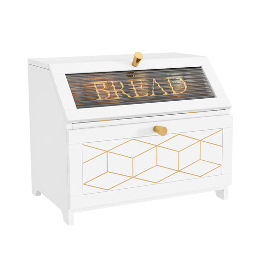 HLR Large Bread Box, Wood 2-layer Bread Box Storage for Kitchen Counter, with Bar Pattern Windows, White