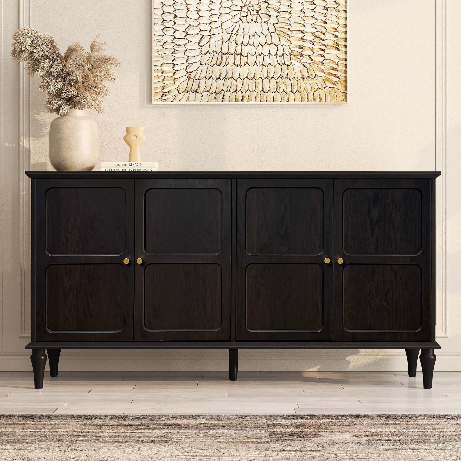 CBJCBJ Mid-Century 58'' Wood 4 Door Sideboard Buffet Cabinet for Living Dining & Bedroom (Black)