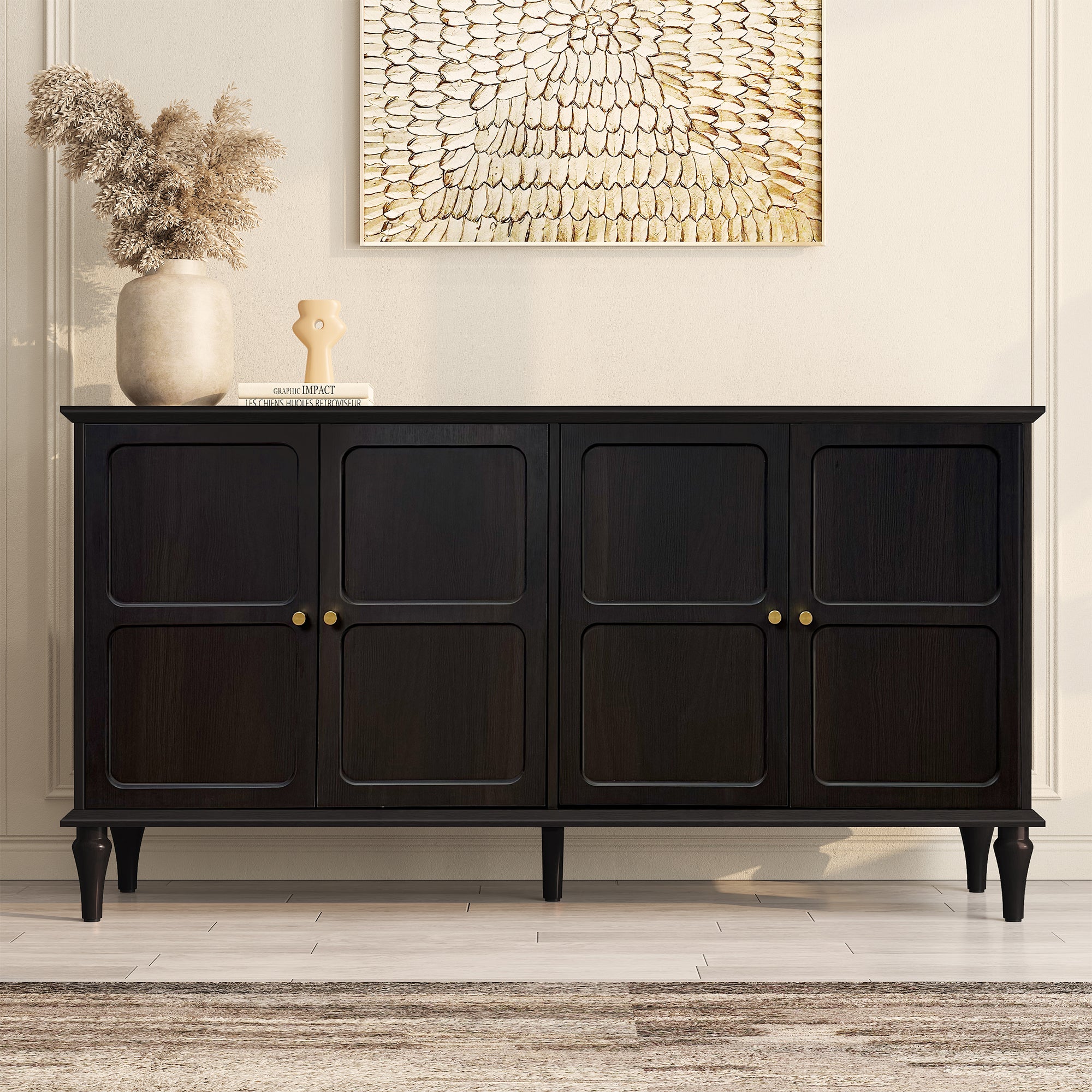 CBJCBJ Mid-Century 58'' Wood 4 Door Sideboard Buffet Cabinet for Living Dining & Bedroom (Black)