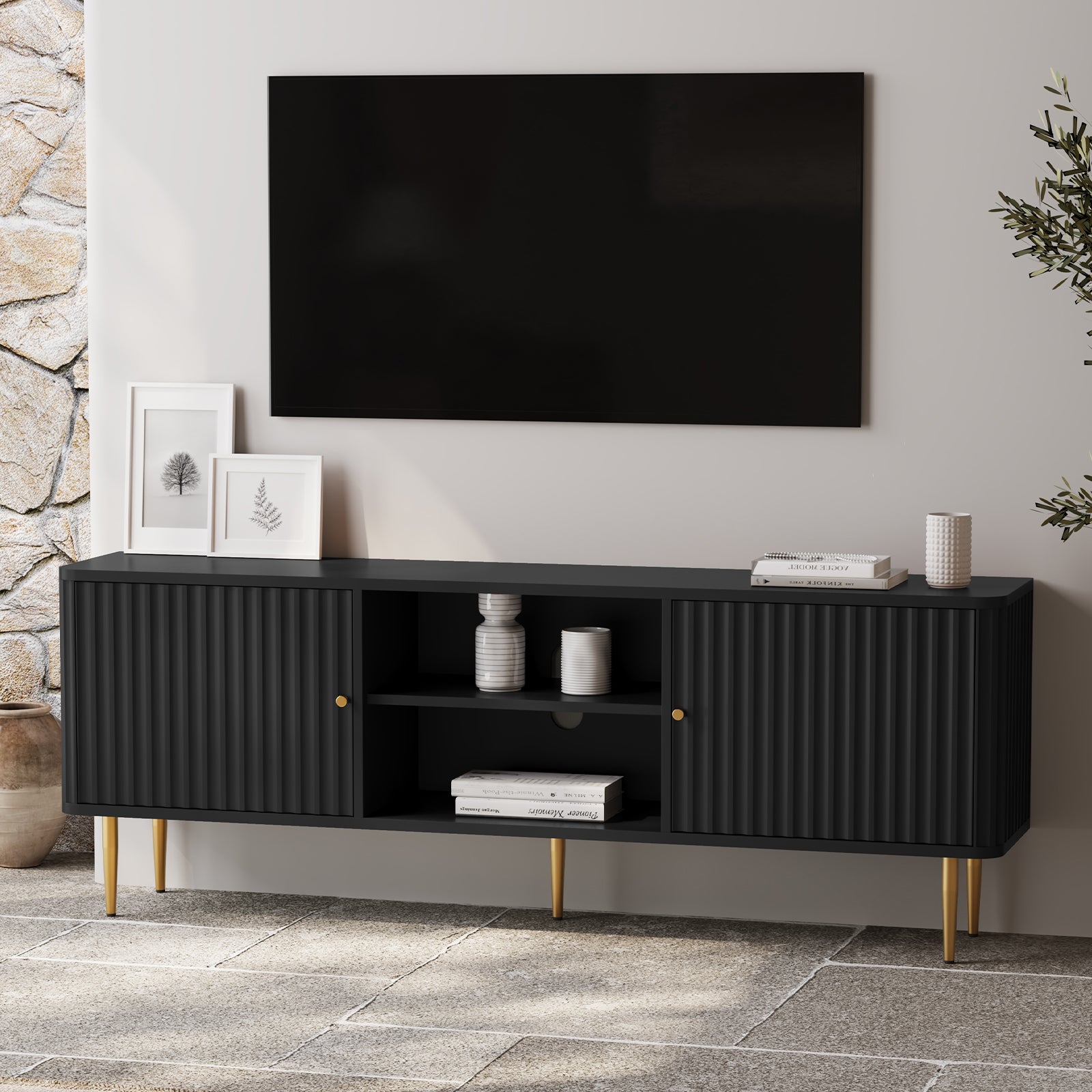 HLR 67 In Fluted TV Stand for TVs Up to 75 Inch, Mid Century Modern Entertainment Center with Storage, Black