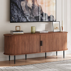 HLR 55" Brown TV Stand for 65" TV, Wood Entertainment Center with 2 Sliding Tambour Doors Storage, Mid-Century