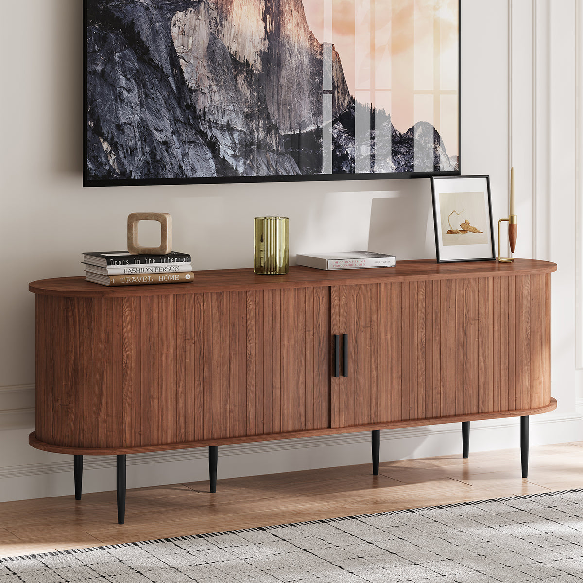 HLR 55" Brown TV Stand for 65" TV, Wood Entertainment Center with 2 Sliding Tambour Doors Storage, Mid-Century
