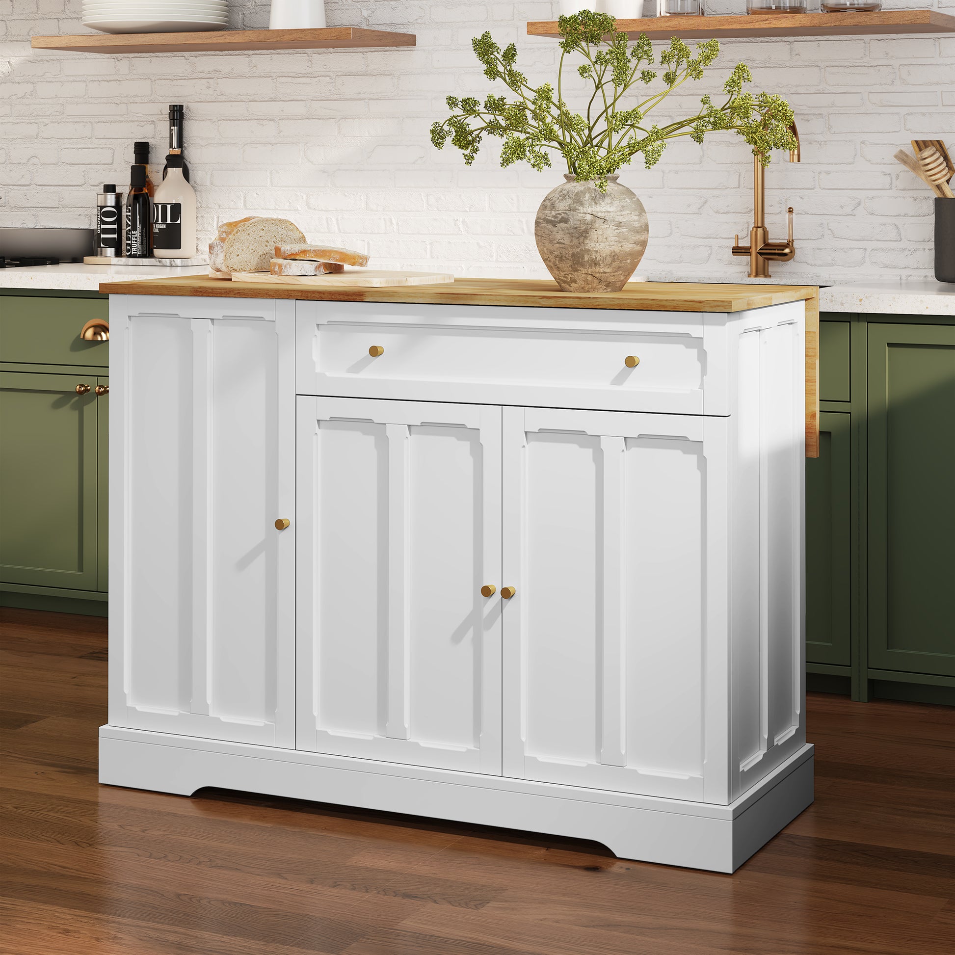 CBJCBJ 47.2" Modern Rolling Kitchen Island with Drop Leaf, Kitchen Cart with Storage, White