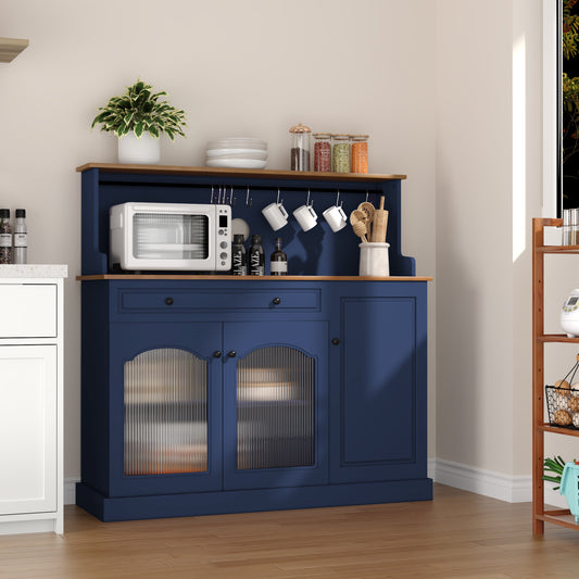 CBJCBJ 48" Modern Wood Kitchen Pantry Cabinet, Coffee Bar with Drawer & Microwave Stand, Dining Room,Blue
