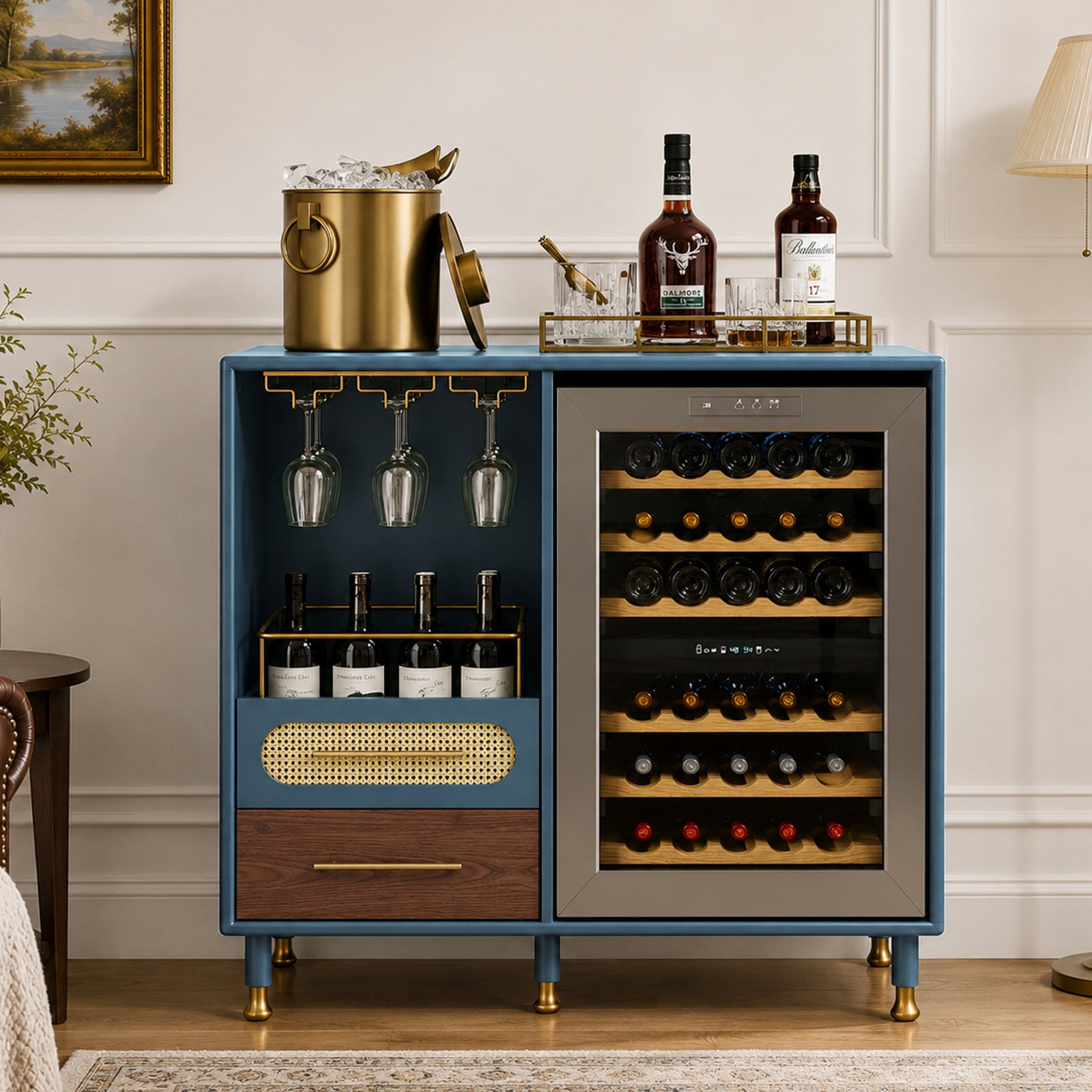 HLR Modern Coffee Bar Cabinet with Space for Mini Fridge and Rattan Drawer, Blue
