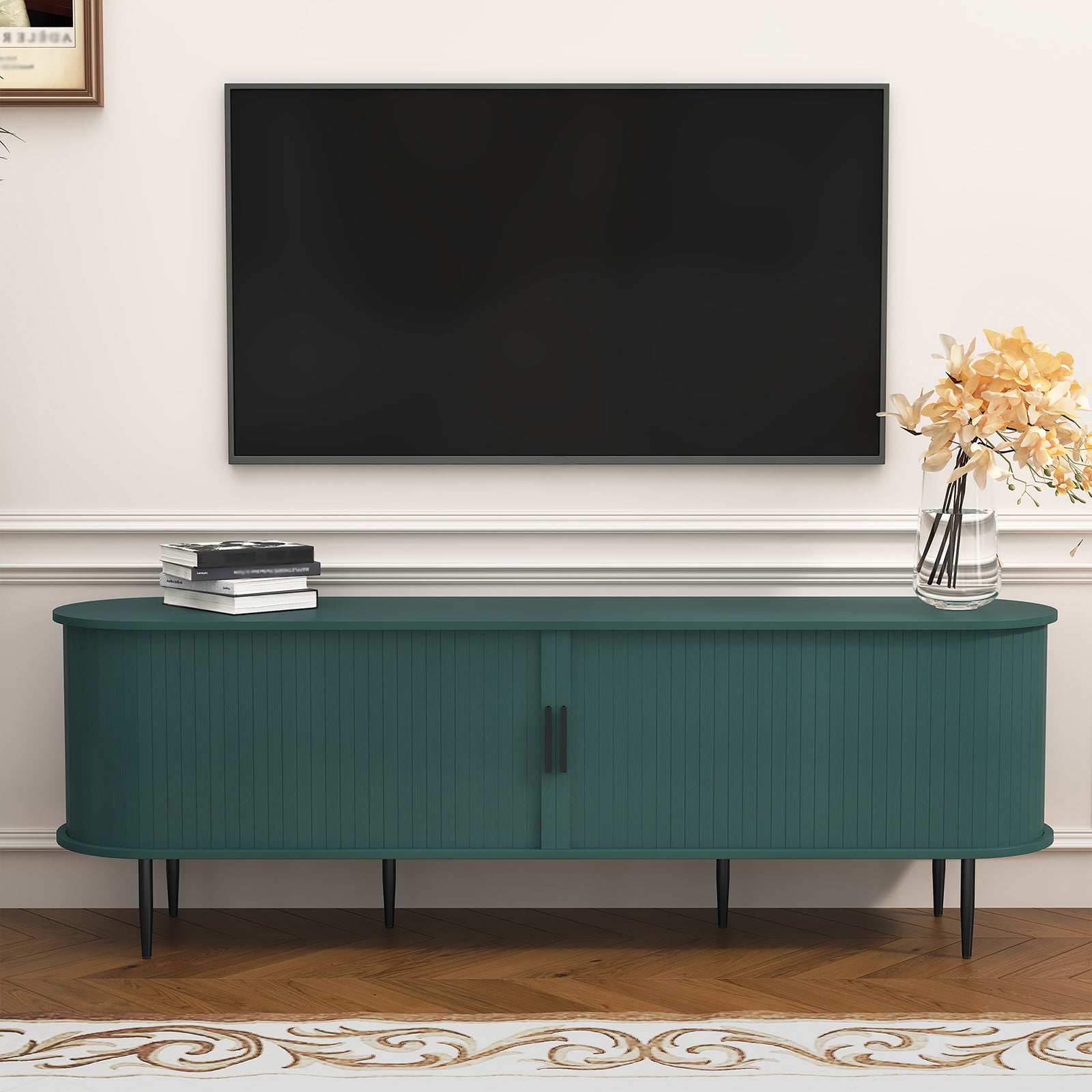 HLR 70" TV Stand for 75" TV, Wood Entertainment Center with Storage and Shelves, 2 Sliding Tambour Doors, Mid-Century Modern, Green