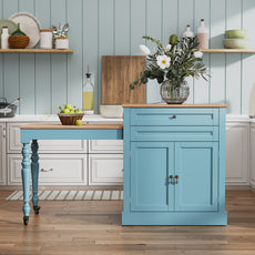 CBJCBJ Modern Extendable Kitchen Islands on Wheels with Power Outlet, Dining Table Cart with 2 Doors Storage, Blue