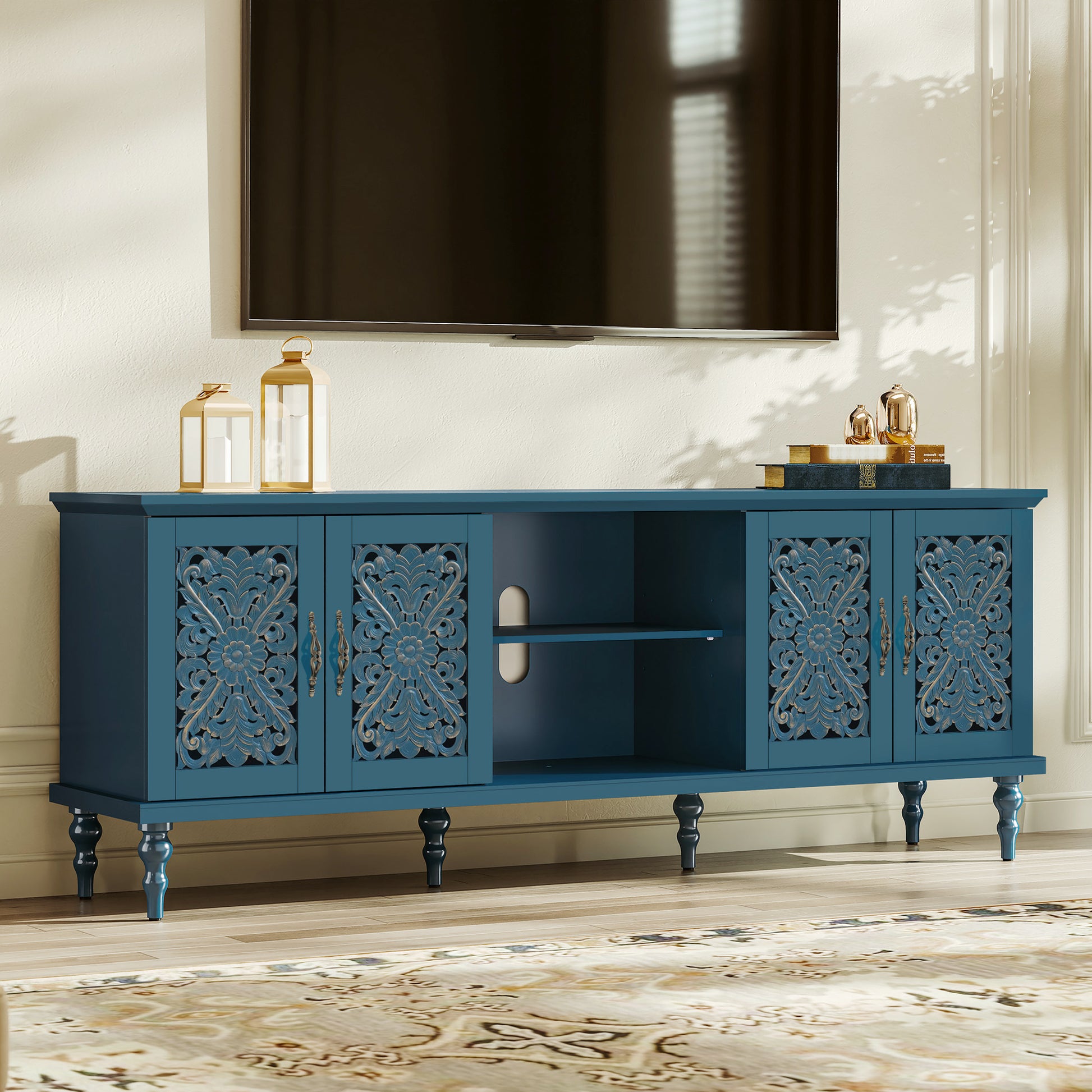 CBJCBJ Retro 67" TV Stand for TVs up to 75", Living Room Entertainment Center with 4 Door Storage Cabinet,Blue