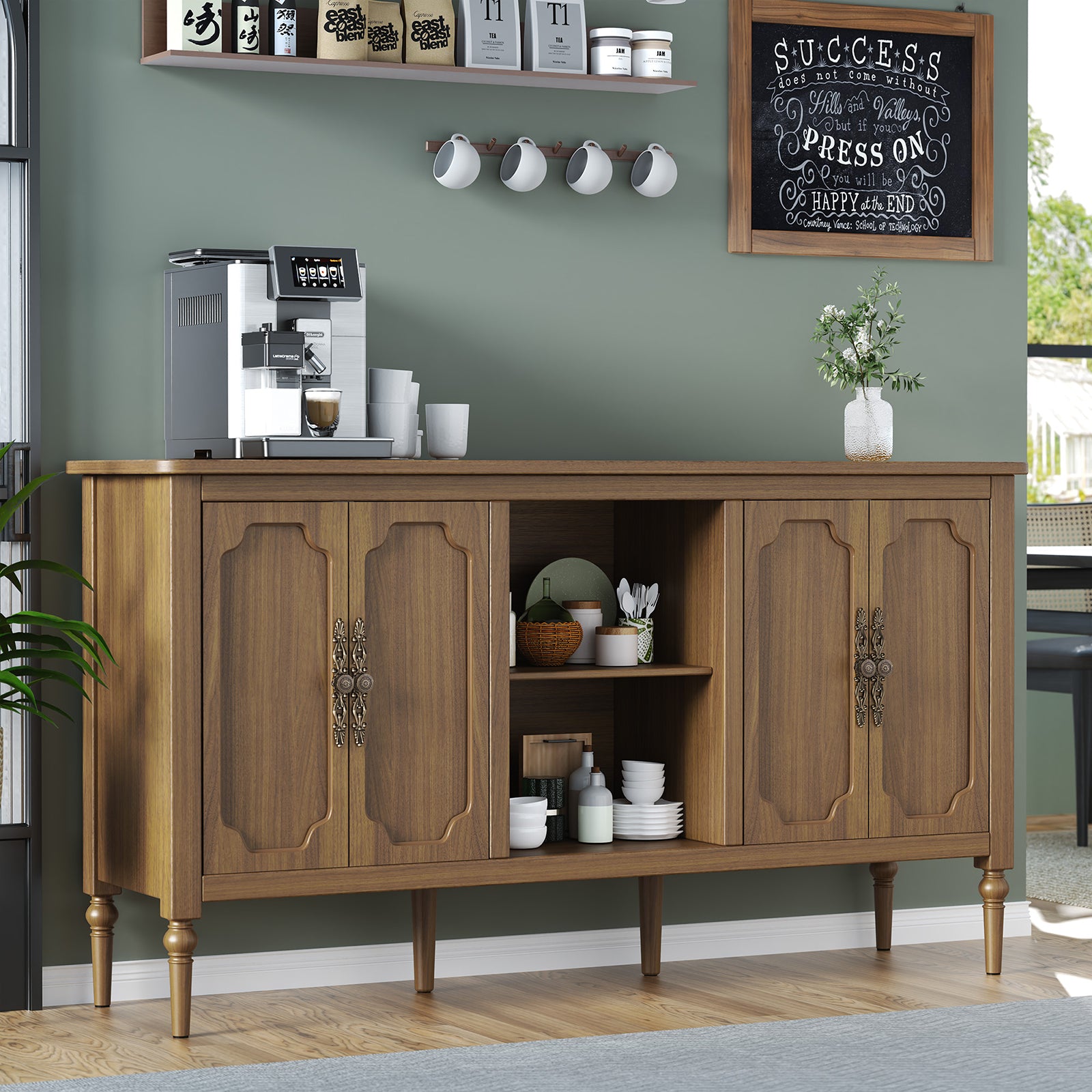 HLR 59" Mid Century Modern Sideboard Buffet Cabinet with 4 Doors, Brown Cabinet with Shelf, Vintage Large Sid