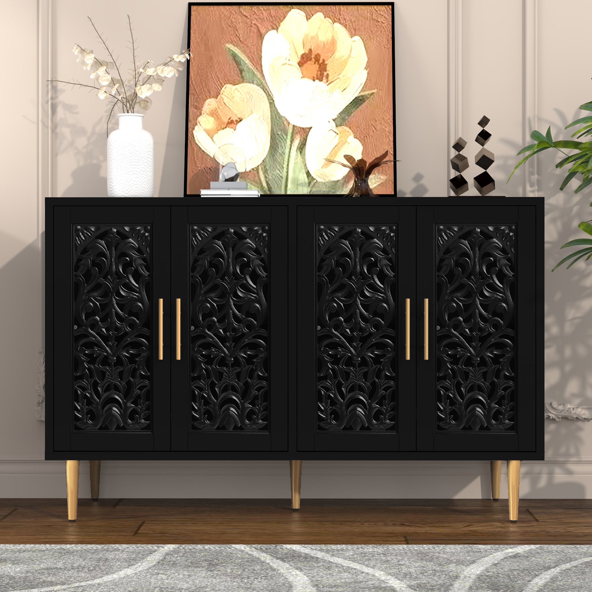 CBJCBJ 48″ Retro Storage Cabinet with 4 Doors, Hollow Carved Buffet Hutch for Living Room, Kitchen, Dining & Entryway, Vintage Decorative Organizer (Black)
