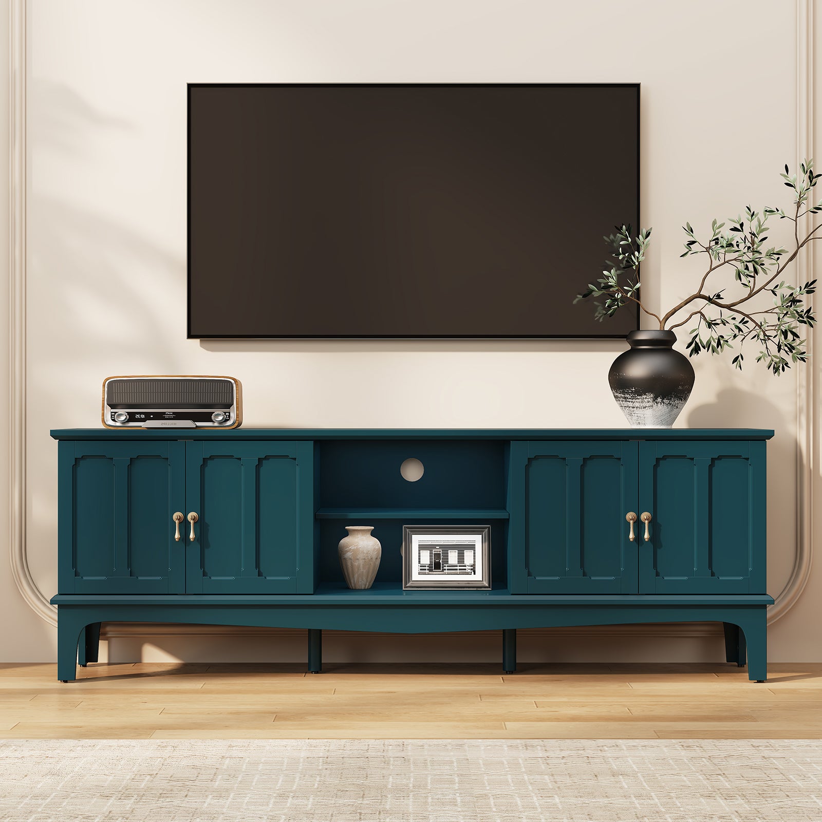 CBJCBJ Retro 67" TV Stand for TVs up to 70", Living Room Entertainment Center with 4 Door Storage Cabinet,Green