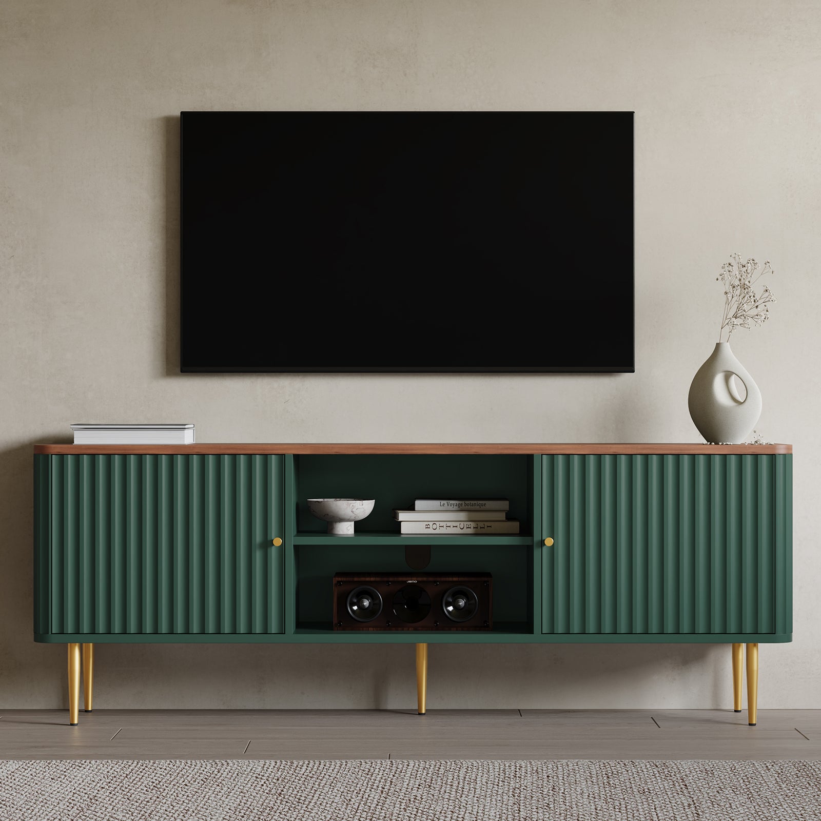 CBJCBJ Modern Fluted 67" TV Stand for 75inch TV with Storage, Entertainment Center for Living Room,Green