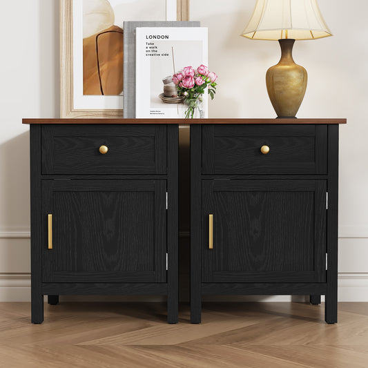 HLR 19" Farmhouse Nightstands Set of 2 with Drawer and Door, Wood Bedside Table End Table for Bedroom