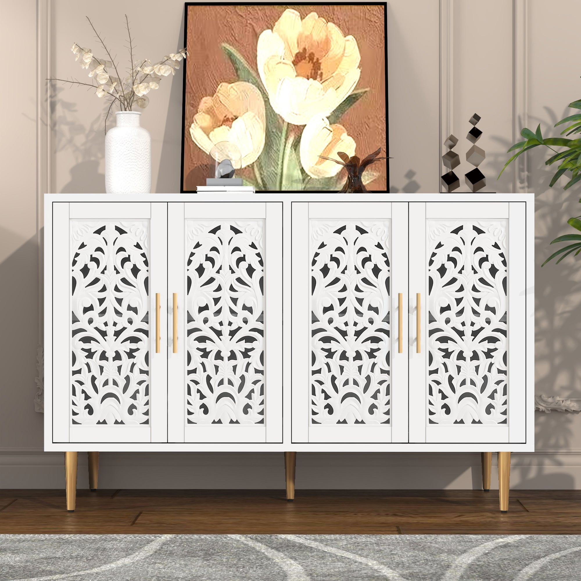 CBJCBJ 48″ Retro Storage Cabinet with 4 Doors, Hollow Carved Buffet Hutch for Living Room, Kitchen, Dining & Entryway, Vintage Decorative Organizer (WHITE)