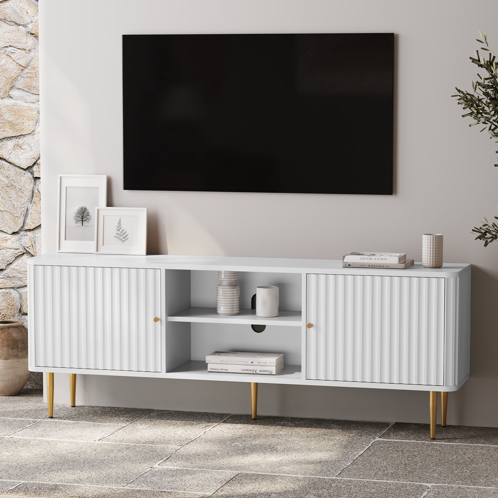 HLR 67 In Fluted TV Stand for TVs Up to 75 Inch, Mid Century Modern Entertainment Center with Storage, White