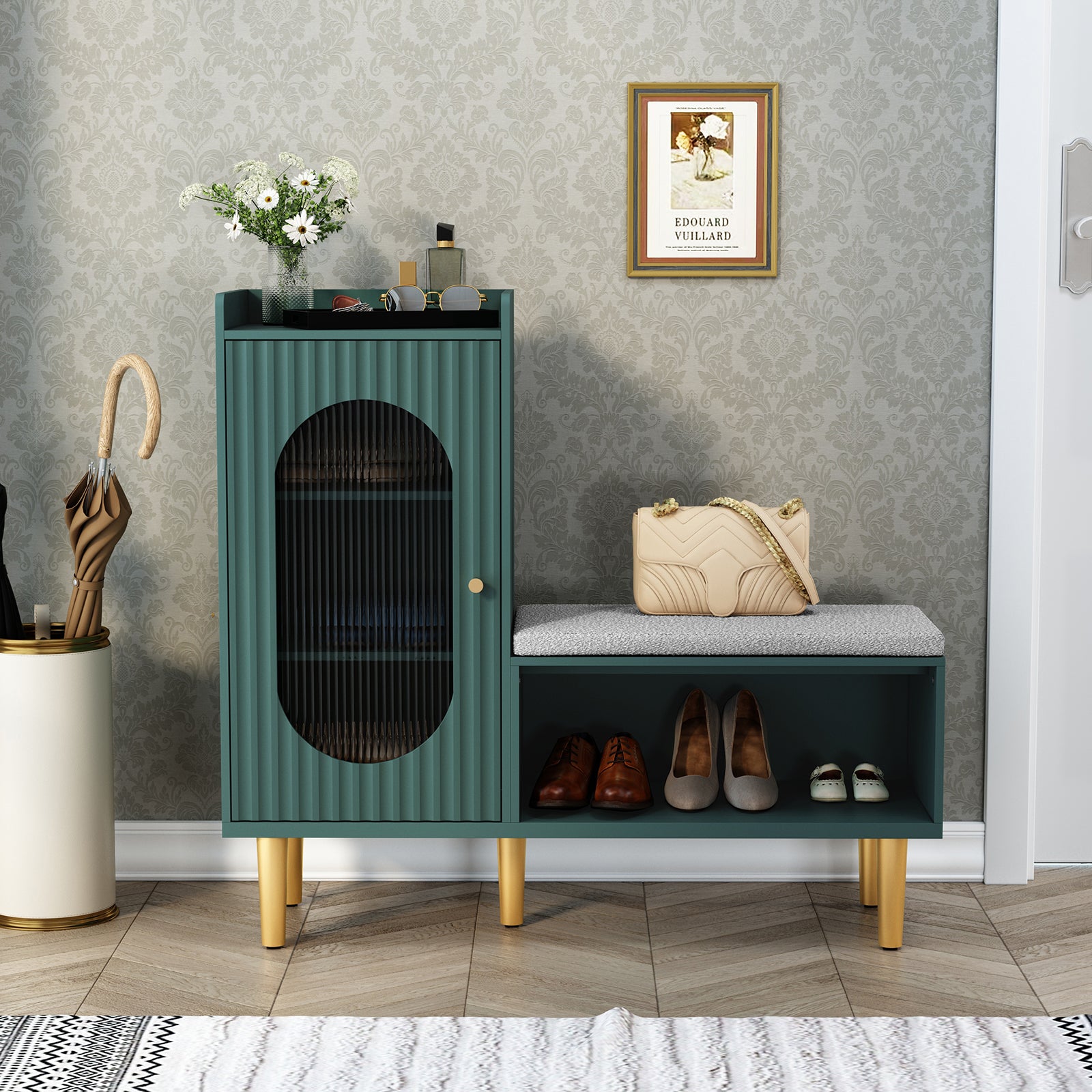 CBJCBJ Modern Storage Bench with Glass Door & Shelf - L-Shaped Entryway Cabinet, Padded Seat for Hallway/Bedroom/Office,Green